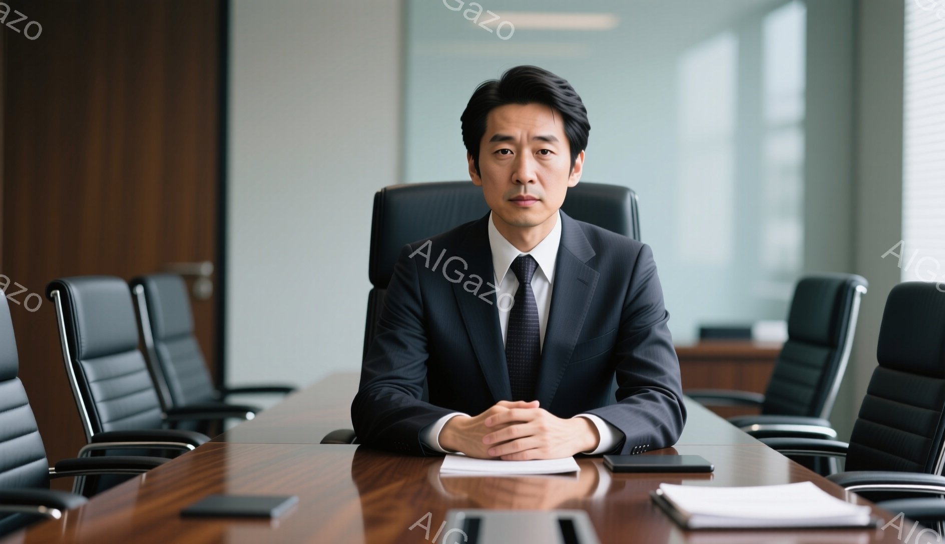 スーツを着たアジア人男性が、長い会議テーブルの中央に座っている。彼は真剣な表情で、両手を重ねてテーブルに置いている。背景には、黒い革張りの椅子が並び、光沢のある木製のテーブルには書類やスマートフォンが置かれており、全体的に落ち着いた、ビジネスライクな雰囲気が漂っている。