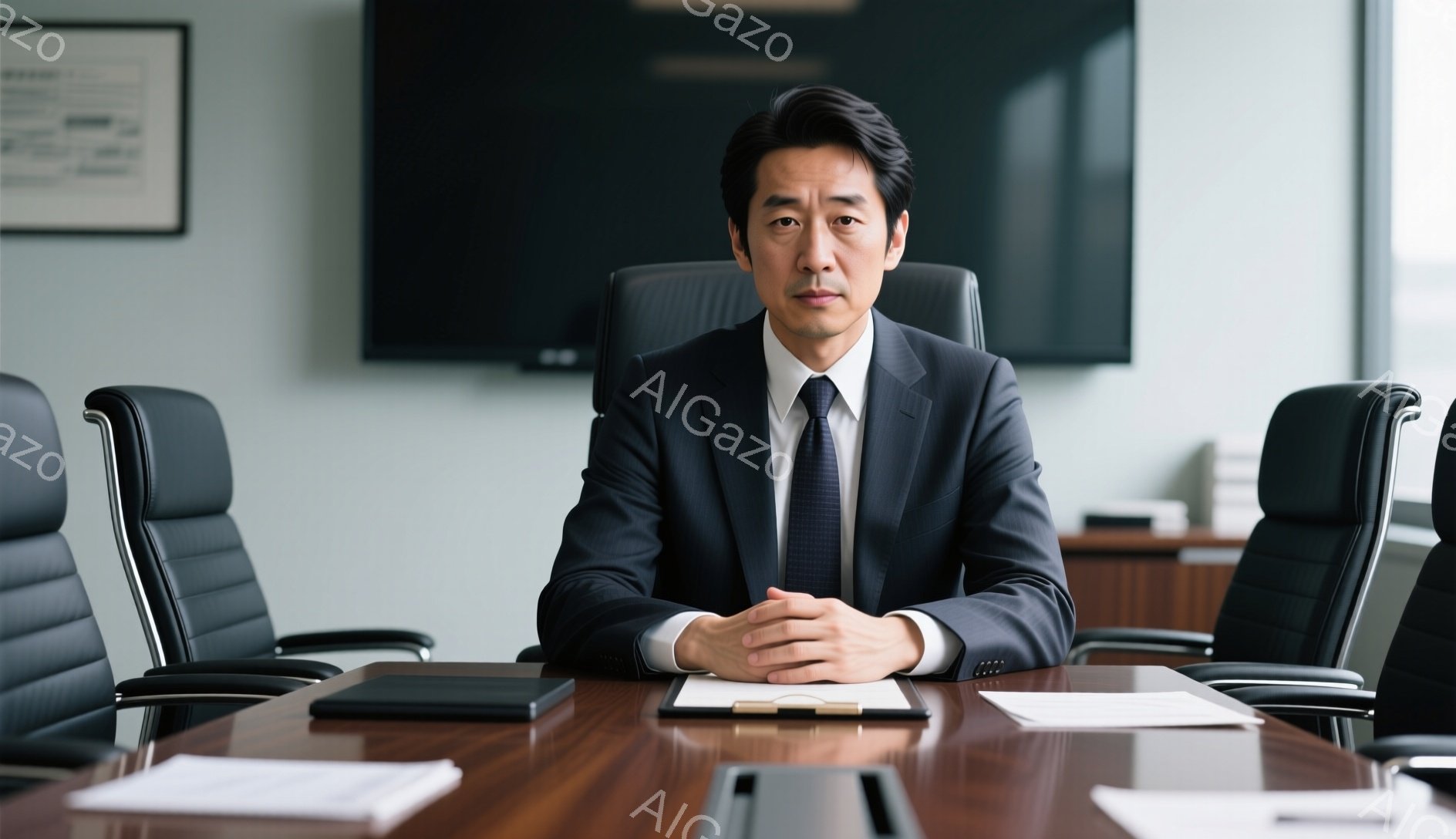 紺色のスーツにネクタイを締めたアジア系の男性が、会議室のテーブルを挟んで正面を見つめている。彼の姿勢は落ち着いており、両手は揃えて膝の上で軽く組んでいる。背景には、革張りの椅子が並び、大きな画面が設置されており、全体的にビジネスライクでプロフェッショナルな雰囲気が漂っている。