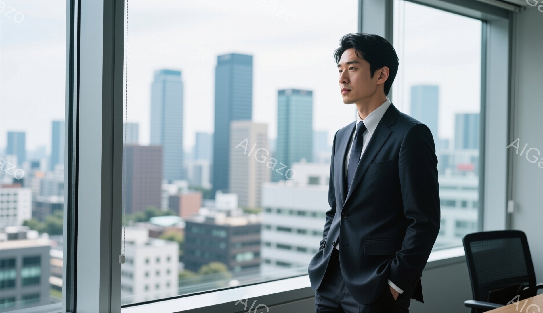 スーツを着た男性が窓際に立っており、遠くの都市を見下ろしている。彼の髪型は短く整えられており、表情は落ち着いており、片手をポケットに入れている。背景には高層ビル群が広がり、晴れた日の都会の景色が広がっている。