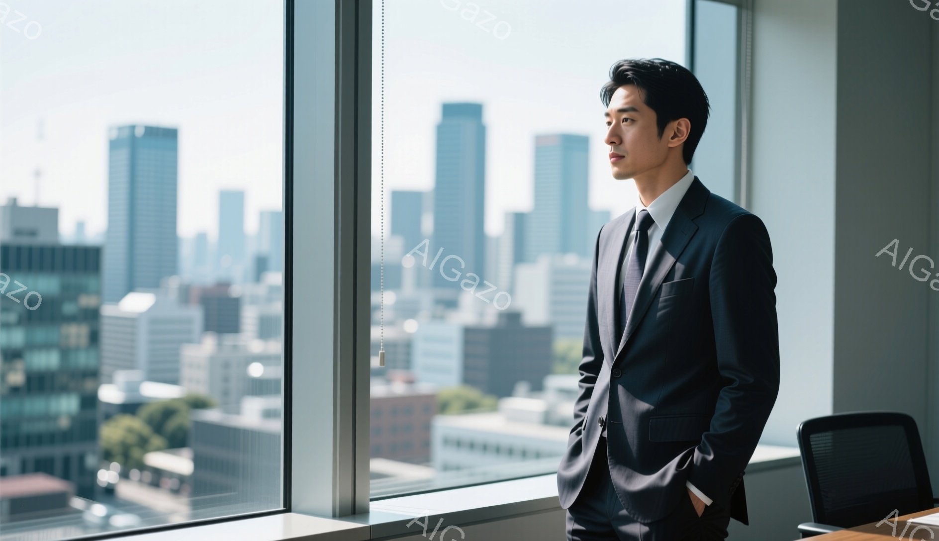 紺色のスーツに黒のネクタイを締めた男性が、高層ビルの窓辺に立っている。彼は少し横を向き、遠くを見つめており、表情は真剣で思慮深い印象を与える。背景には高層ビル群が広がり、晴れた空と穏やかな光が差し込み、都会的で洗練された雰囲気を醸し出している。