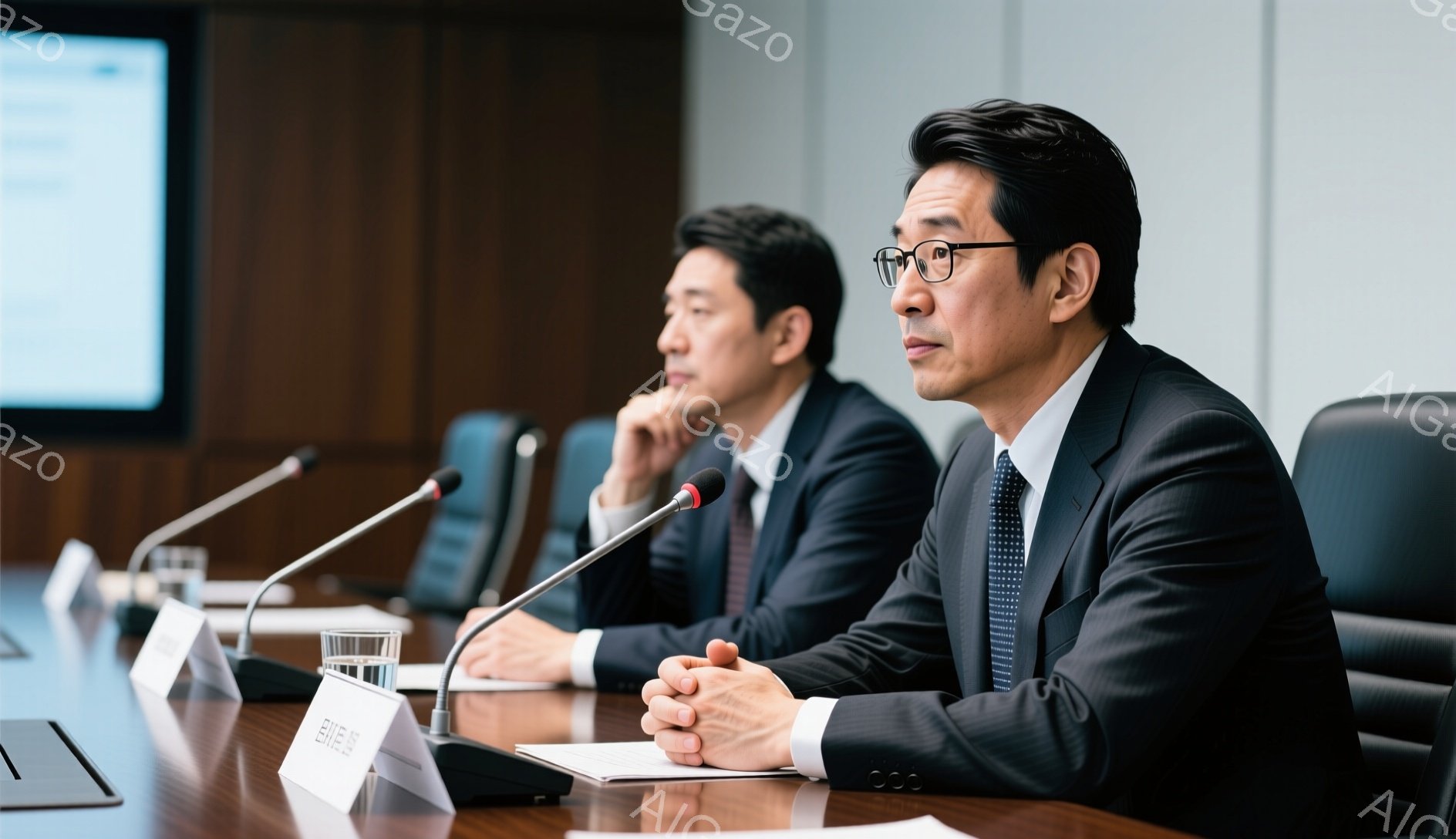 二人の男性が会議テーブルを挟んで座っており、スーツ姿でネクタイを締めています。片方の男性は眼鏡をかけ、少し緊張した表情で前方を見据え、もう片方の男性は顎に手を当てて思慮深く見えます。背景はシンプルな会議室で、マイクや水差しなどが置かれたテーブルと、薄暗い壁が確認できます。