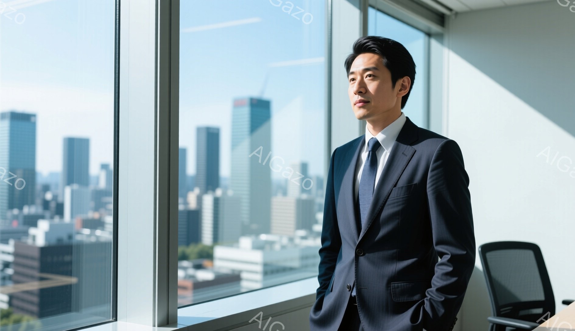 ダークブルーのスーツにネクタイを締め、整髪された黒髪の男性が窓辺に立っている。彼は少し上を見つめ、落ち着いた表情で、片手をポケットに入れている。窓の外には高層ビル群が広がり、晴天の下、都会の風景が広がっている。