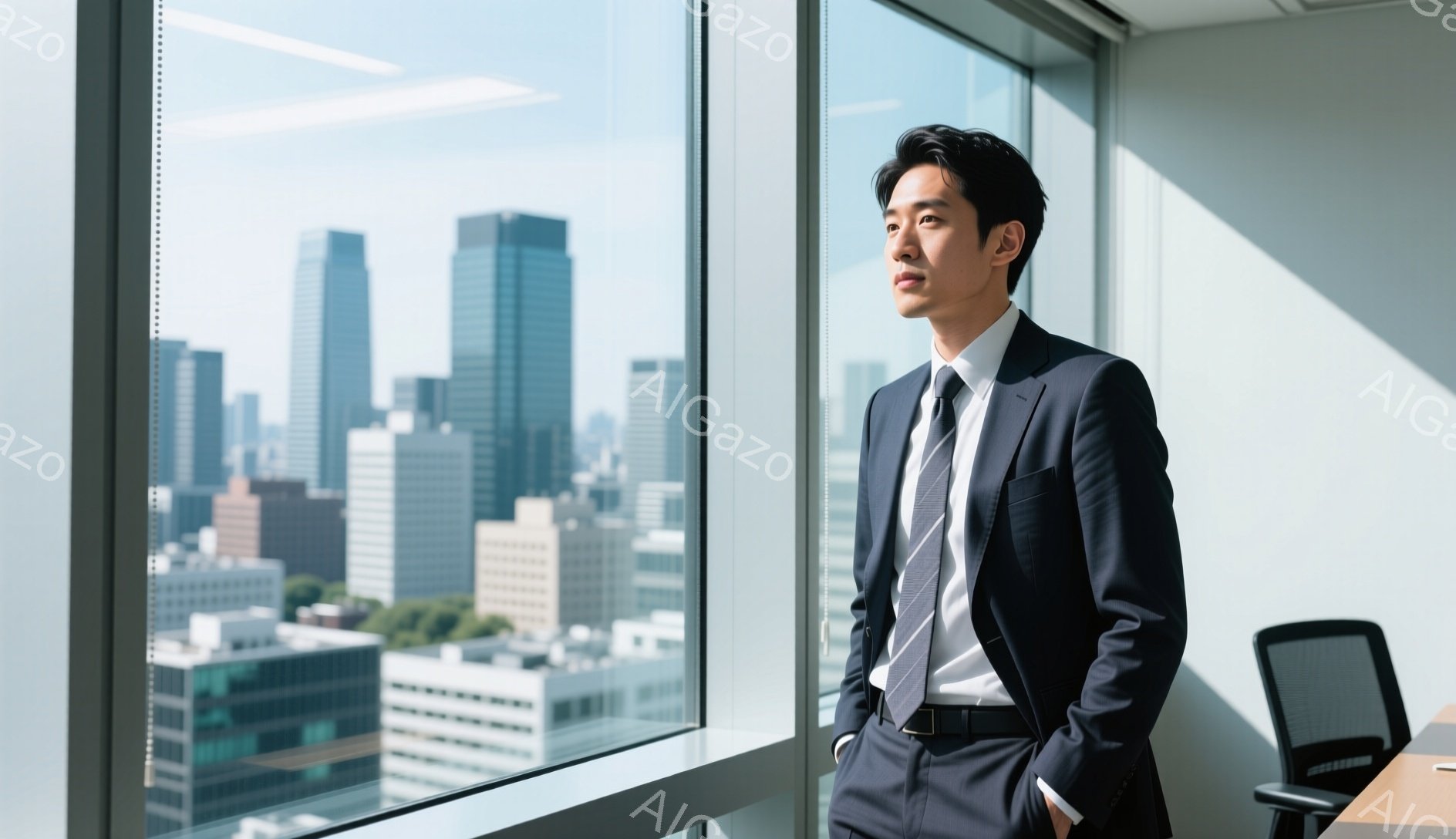 紺色のスーツに白いシャツ、グレーのネクタイを着用した男性が窓辺に立っている。彼は少し顎を上げ、遠くを見つめるような表情をしており、片手をポケットに入れている。背景には高層ビル群が広がり、晴れた空が広がっているため、都会的で洗練された雰囲気である。