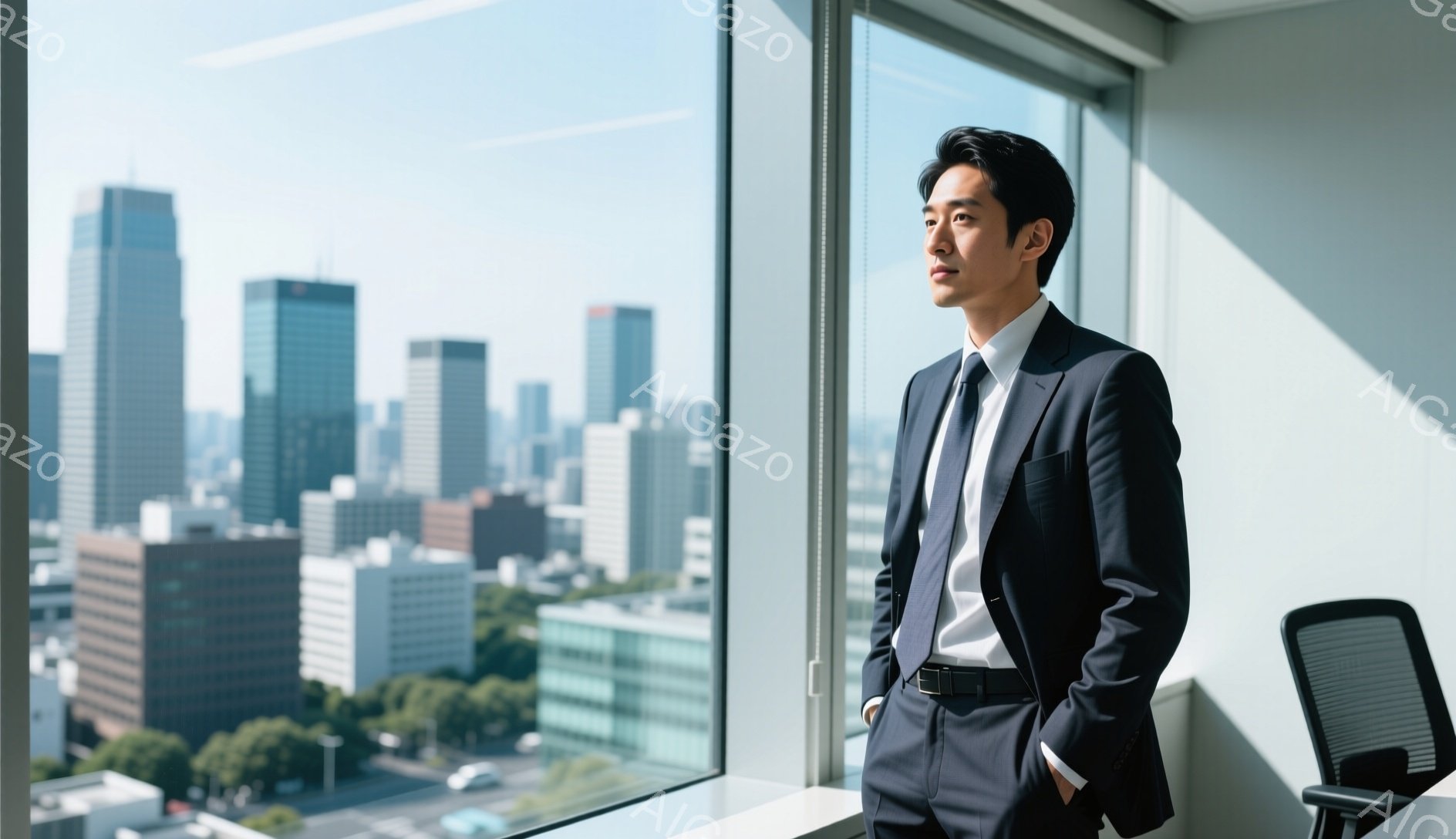 スタイリッシュな紺色のスーツに身を包んだ男性が、高層ビルの窓辺に立っている。彼は片手をポケットに入れ、遠くの街並みを物憂げに見つめている。背景には高層ビル群が広がり、晴れた空の下、都会の活気を感じさせる。