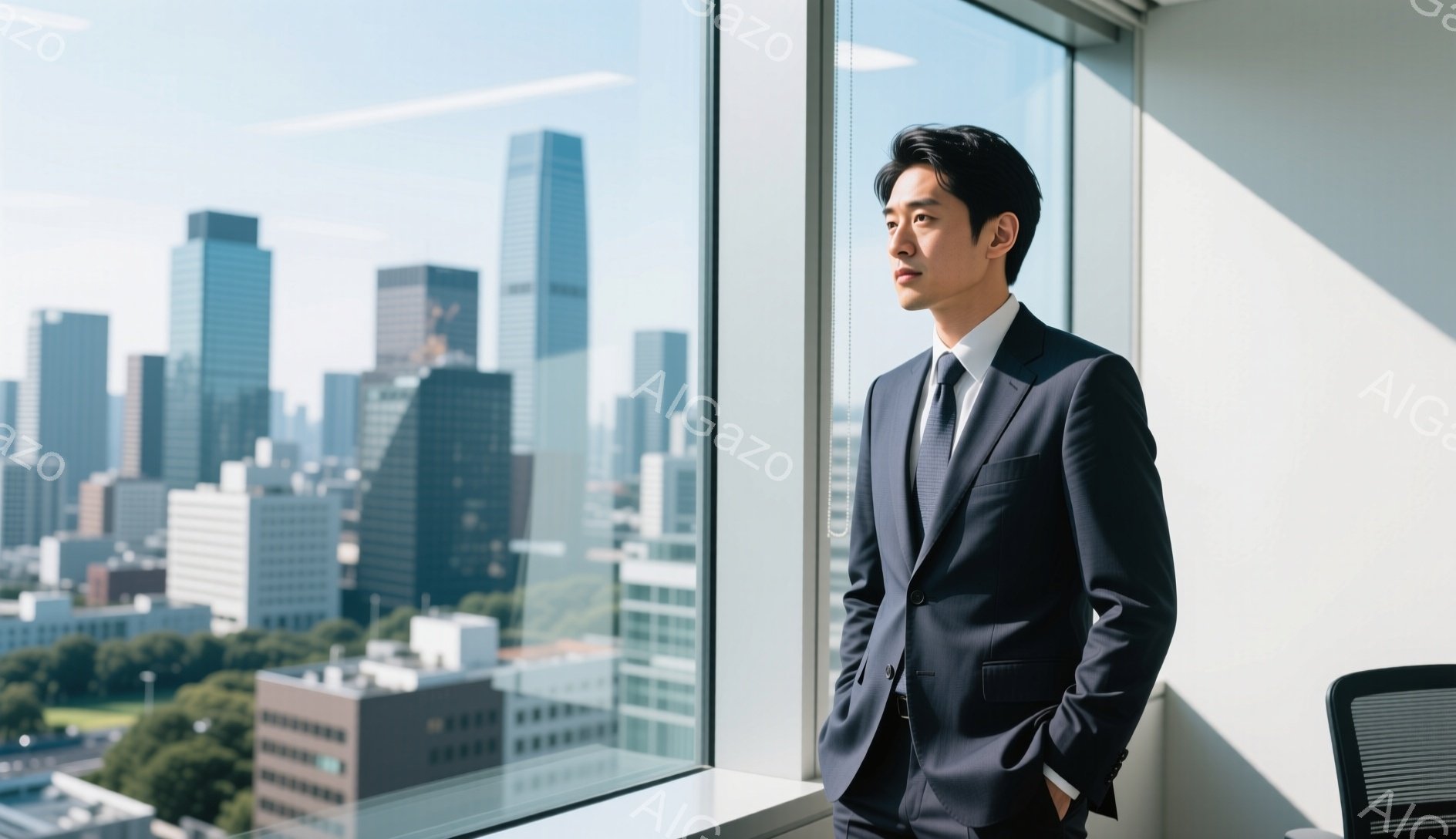スタイリッシュな紺色のスーツに身を包んだ男性が、高層ビルの窓辺に立っている。彼は片手をポケットに入れ、やや遠くを見つめる表情をしており、落ち着いた雰囲気を醸し出している。背景には、緑豊かな木々と高層ビル群が広がり、晴天の下、都市の活気と自然の調和を感じさせる。