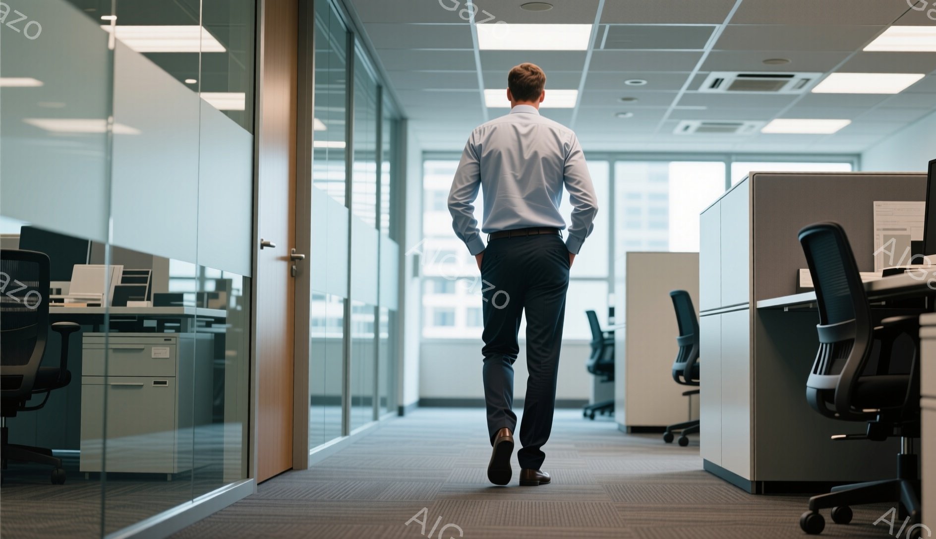 白いシャツに紺色のズボンを着用した男性が、オフィス内を背にして歩いている。彼は黒い革靴を履いており、姿勢はまっすぐで、まるでどこか重要な場所へ向かっているようだ。オフィスは整然としており、灰色のオフィス家具が並び、清潔でモダンな雰囲気を醸し出している。