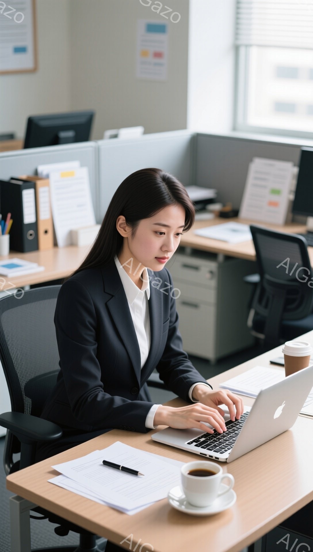 黒いスーツに白いシャツを着た女性が、オフィスでノートパソコンを操作している。彼女は真剣な表情でキーボードを見つめ、集中して作業に取り組んでいる様子が窺える。背景には、書類や備品が並んだデスクと、他のオフィスワーカーの姿が見え、全体的に落ち着いた雰囲気である。