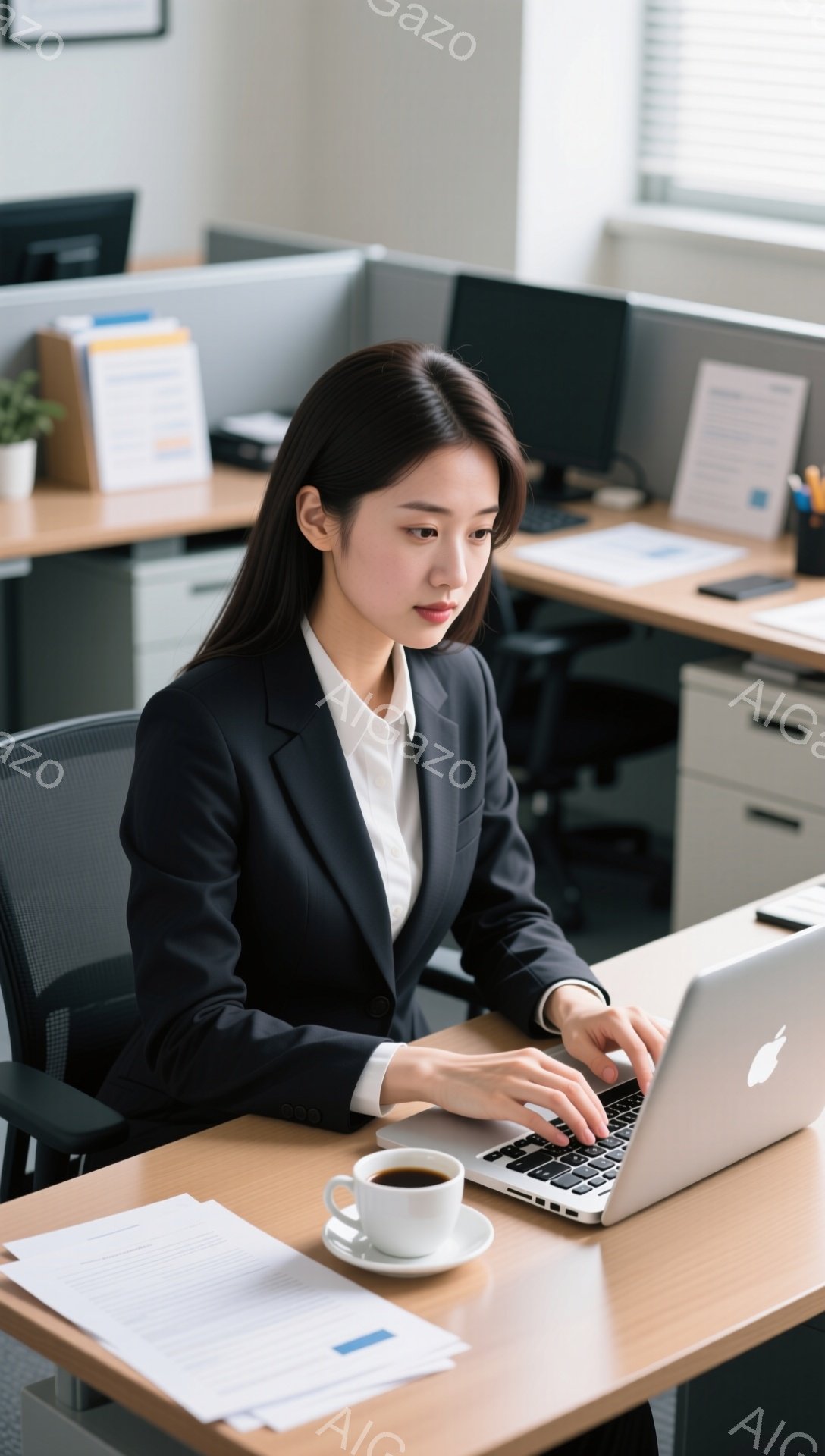 画像には、オフィスでノートパソコンを操作する女性が写っています。彼女は白いブラウスと黒いジャケットを着用し、長い髪はストレートで肩にかかっています。彼女は集中した表情でタイピングしており、机の上には書類とコーヒーカップが置かれています。