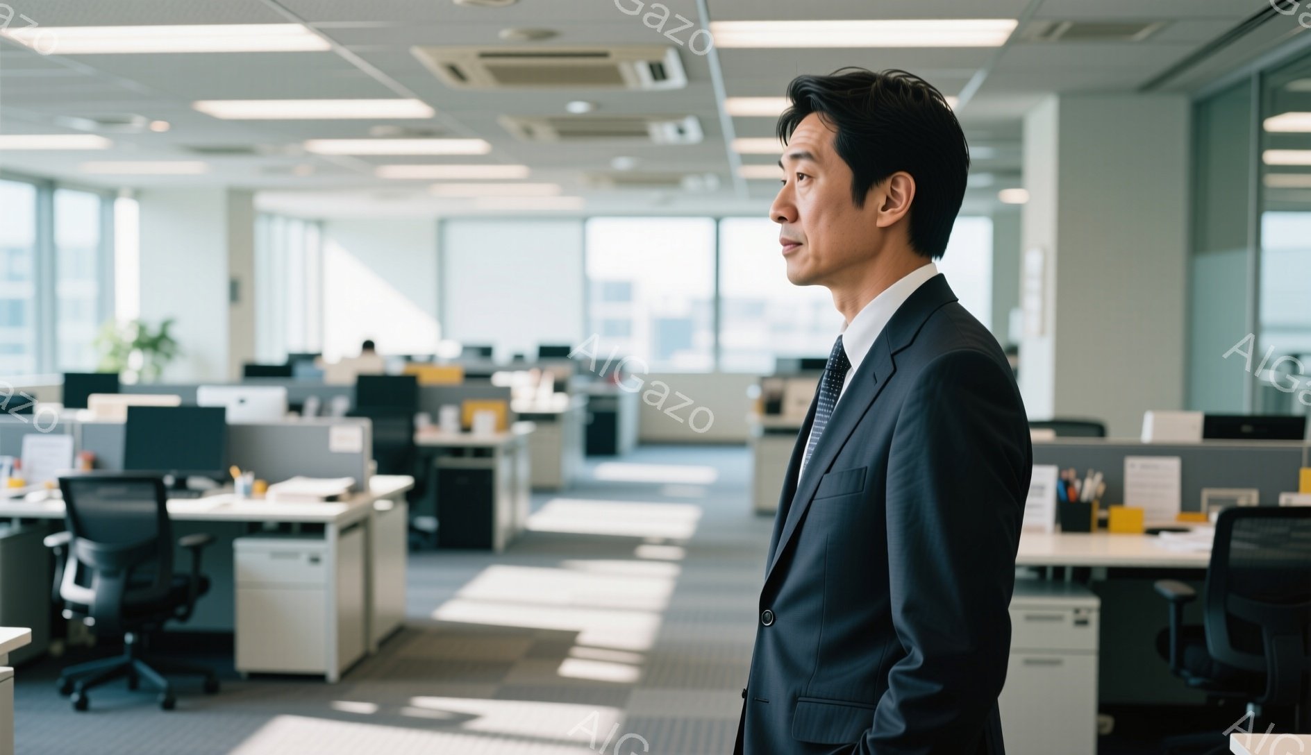 スーツを着た男性がオフィス内で横を向いています。彼は黒いスーツに青いネクタイを締め、髪は短く整えられています。背景にはオフィスデスクや椅子が並び、窓から差し込む光が床に縞模様を作っています。