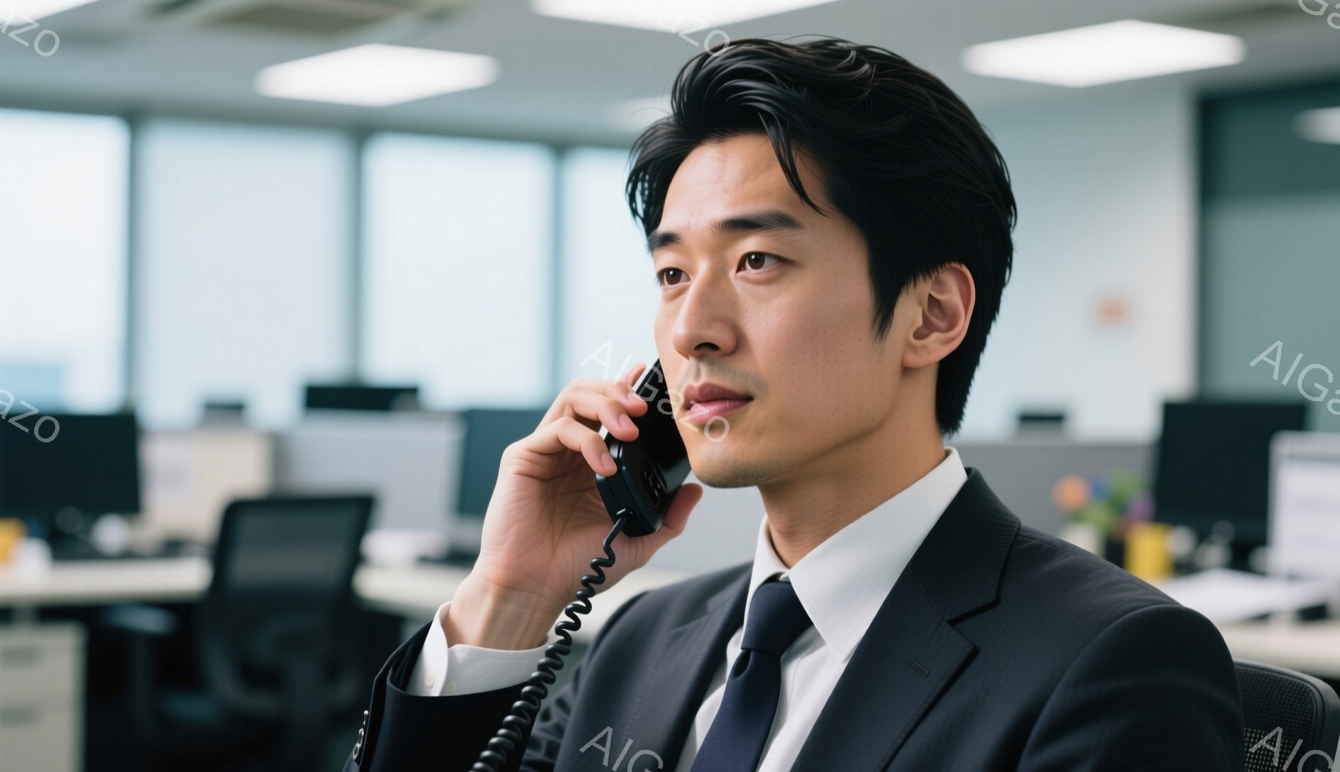 スーツを着たアジア人男性が電話に出ています。彼は黒いジャケット、白いシャツ、黒いネクタイを着ており、髪は短く整えられています。背景にはオフィスがあり、たくさんのデスクとコンピューターが見え、全体的に落ち着いた雰囲気です。