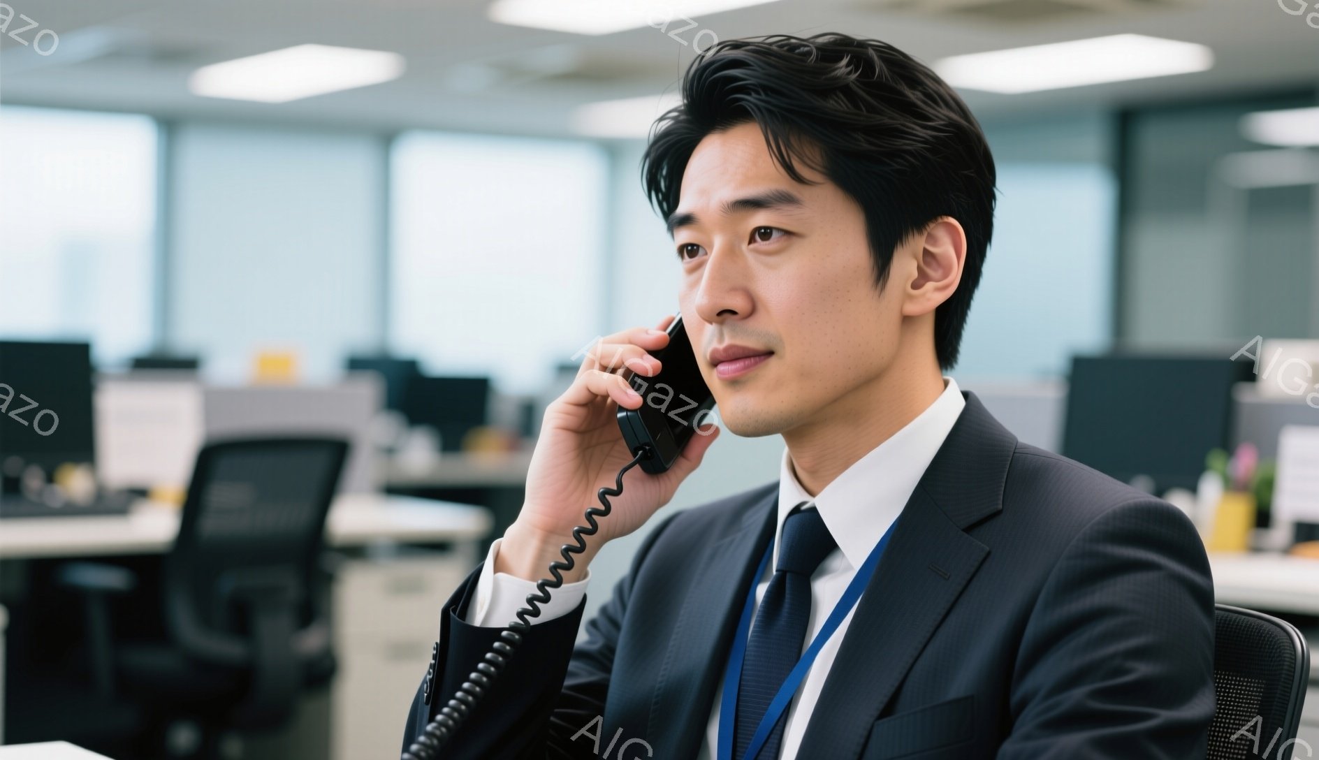 この男性は黒いスーツにネクタイを締め、オフィスで電話をしている。彼は少し横を向き、真剣な表情で話を聞いているようだ。背景には他のオフィスワーカーやデスクが見え、明るく清潔なオフィス環境が広がっている。