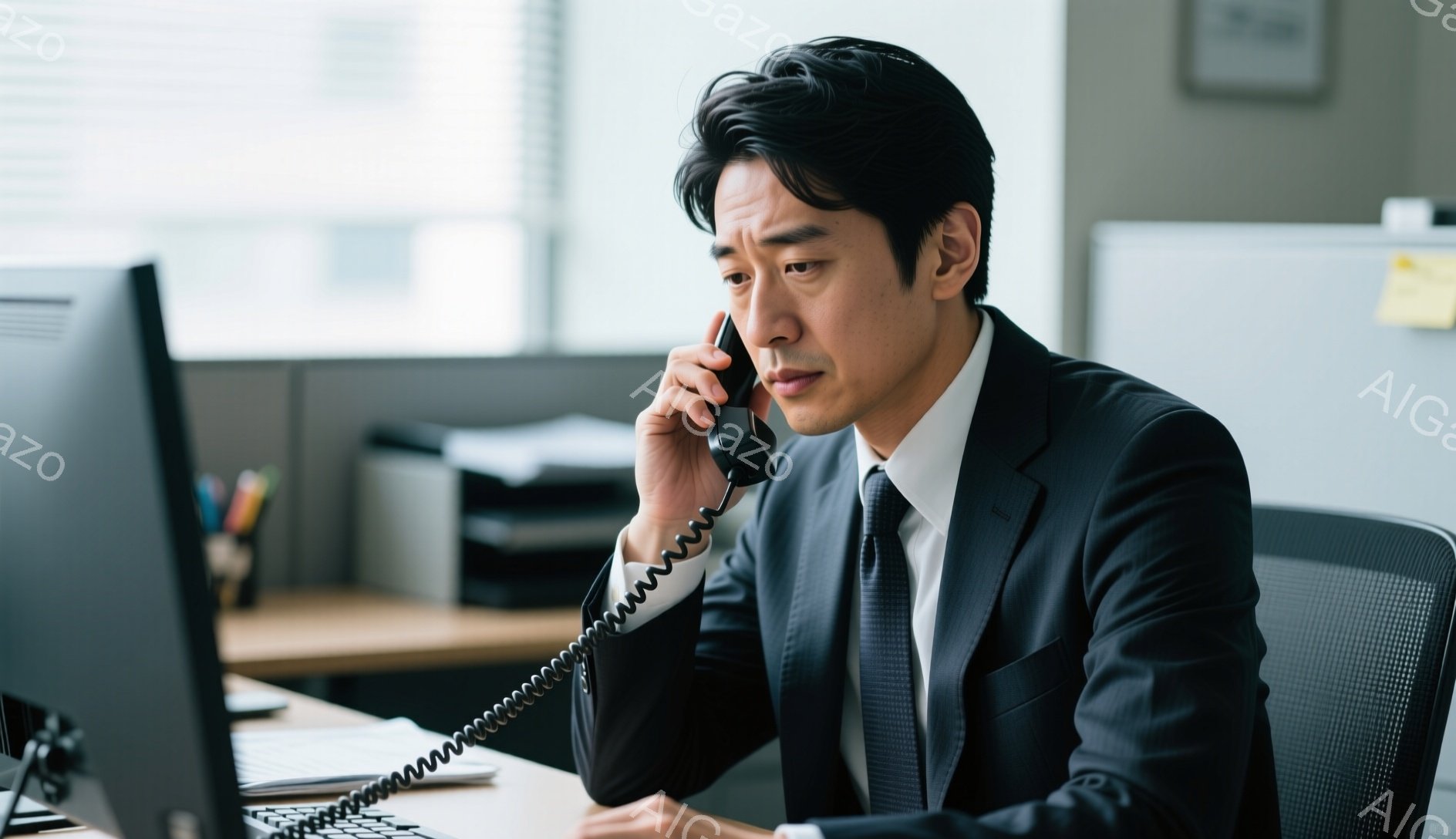 スーツとシャツを着た男性が、デスクに向かって電話をしている様子が写っている。彼は少し眉間にしわを寄せ、真剣な表情で通話を続けており、姿勢はやや前かがみになっている。背景にはオフィスの一室がうっすらと見え、書類や文房具などが置かれた机、そして壁に掛けられたフレームなどが確認できる。