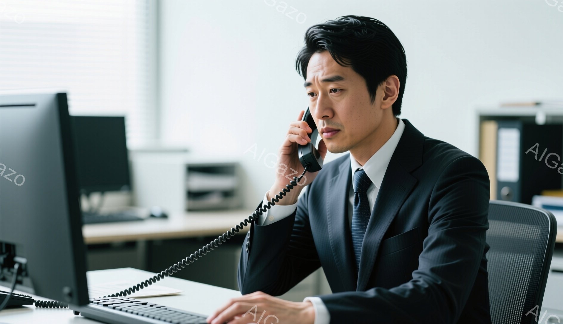 この画像には、スーツとネクタイを着たアジア人男性が写っており、コンピューターに向かってキーボードを操作しながら電話を受けている。彼の表情は真剣で、やや緊張しているように見える。背景にはオフィスの一角が写っており、デスクや書類などが整理整頓されている様子から、仕事に集中している様子が伺える。