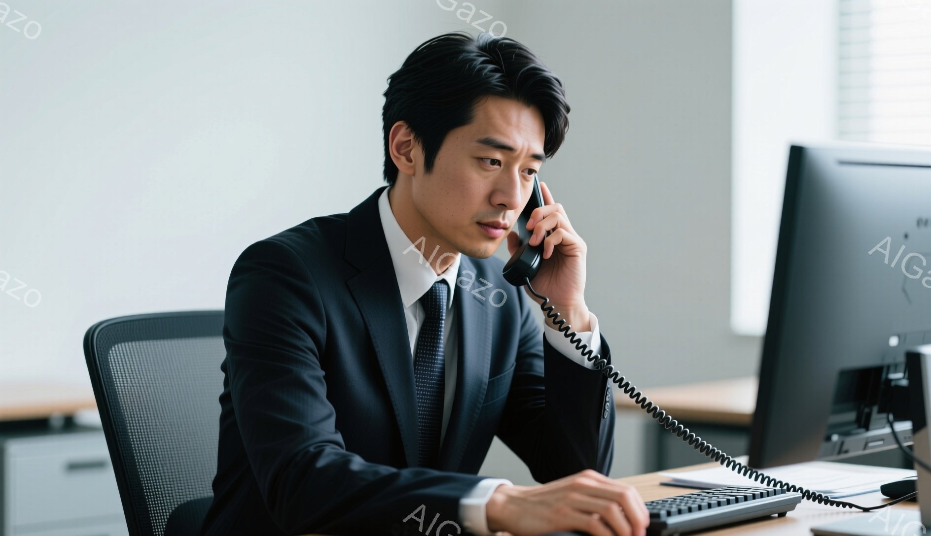 スーツを着たアジア人男性が電話をしている様子が写っている。彼は黒いスーツにグレーのネクタイを締めており、髪は短く整えられている。彼はパソコンに向かって少し前かがみの姿勢で、真剣な表情で通話をしている。