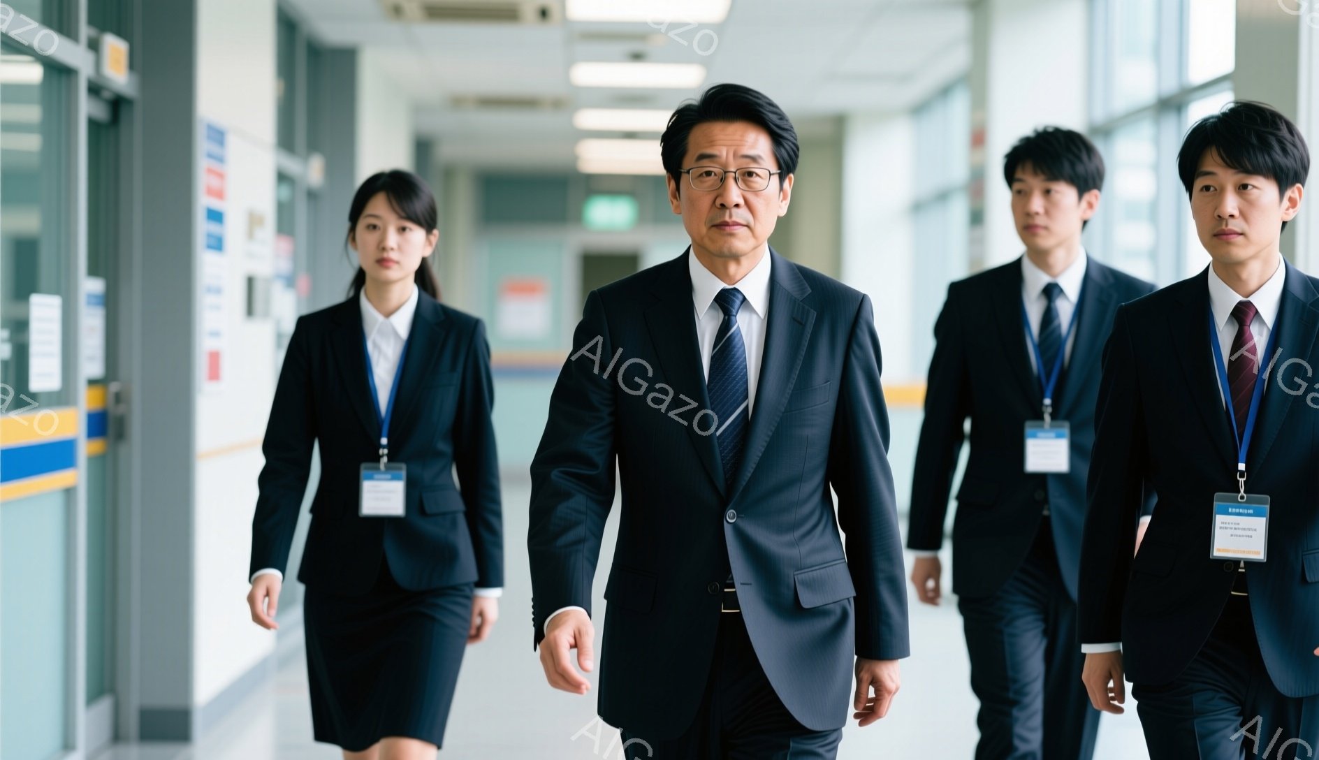 画像には、紺色のスーツを着た3人のビジネスパーソンが、廊下を歩いている様子が写っています。中央の男性は、少し眉間にしわを寄せ、真剣な表情で前を見据えています。廊下は白を基調とし、天井には明るい照明が設置されており、オフィスや公共施設の内部のようです。