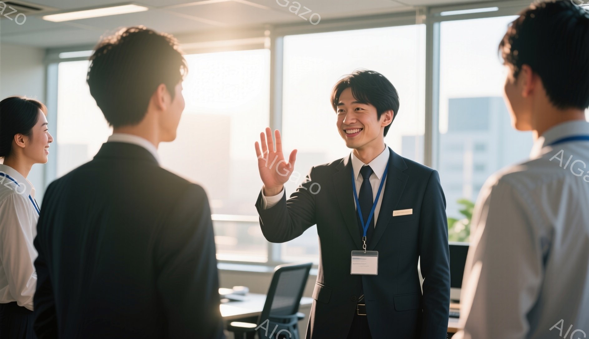 スーツ姿の男性が、明るい笑顔で手を振っています。背景には、窓から差し込む光とオフィスらしき空間、そして高層ビル群が見え、活気のある歓迎の雰囲気が漂っています。他の参加者もフォーマルな服装で、全体的にビジネスシーンにおける親睦の瞬間を捉えた写真です。