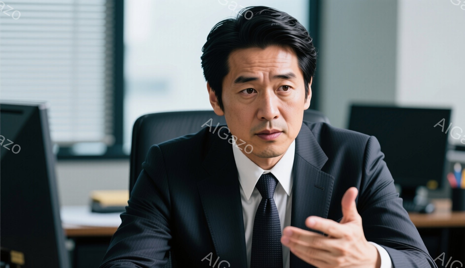 スーツ姿の男性が、室内で何かを説明している様子が写っている。彼は黒のストライプスーツにネクタイを締め、髪は短く整えられている。表情は真剣で、片手を広げてジェスチャーを交えながら、相手に何かを伝えようとしている。