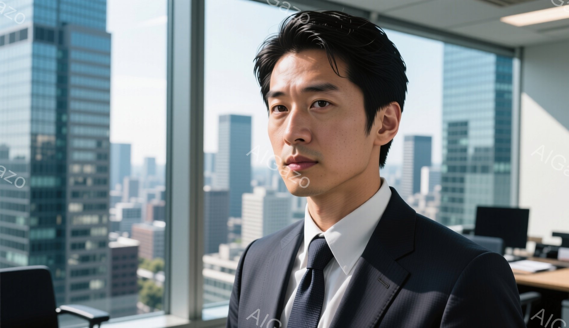 この男性は、黒いスーツとネクタイを着用し、白いシャツを着ています。彼は少し微笑んでおり、自信に満ちた表情をしています。背景には、高層ビル群が広がる都会の風景が広がっており、オフィスの一室から見下ろしているようです。
