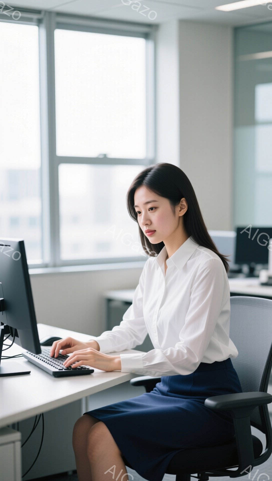 白いブラウスと紺色のスカートを着用した若い女性が、オフィスでパソコンのキーボードを打っています。彼女は黒髪のストレートヘアで、やや真剣な表情をしています。背景には窓があり、オフィス内の他のデスクと白い壁が見え、全体的に落ち着いた雰囲気です。