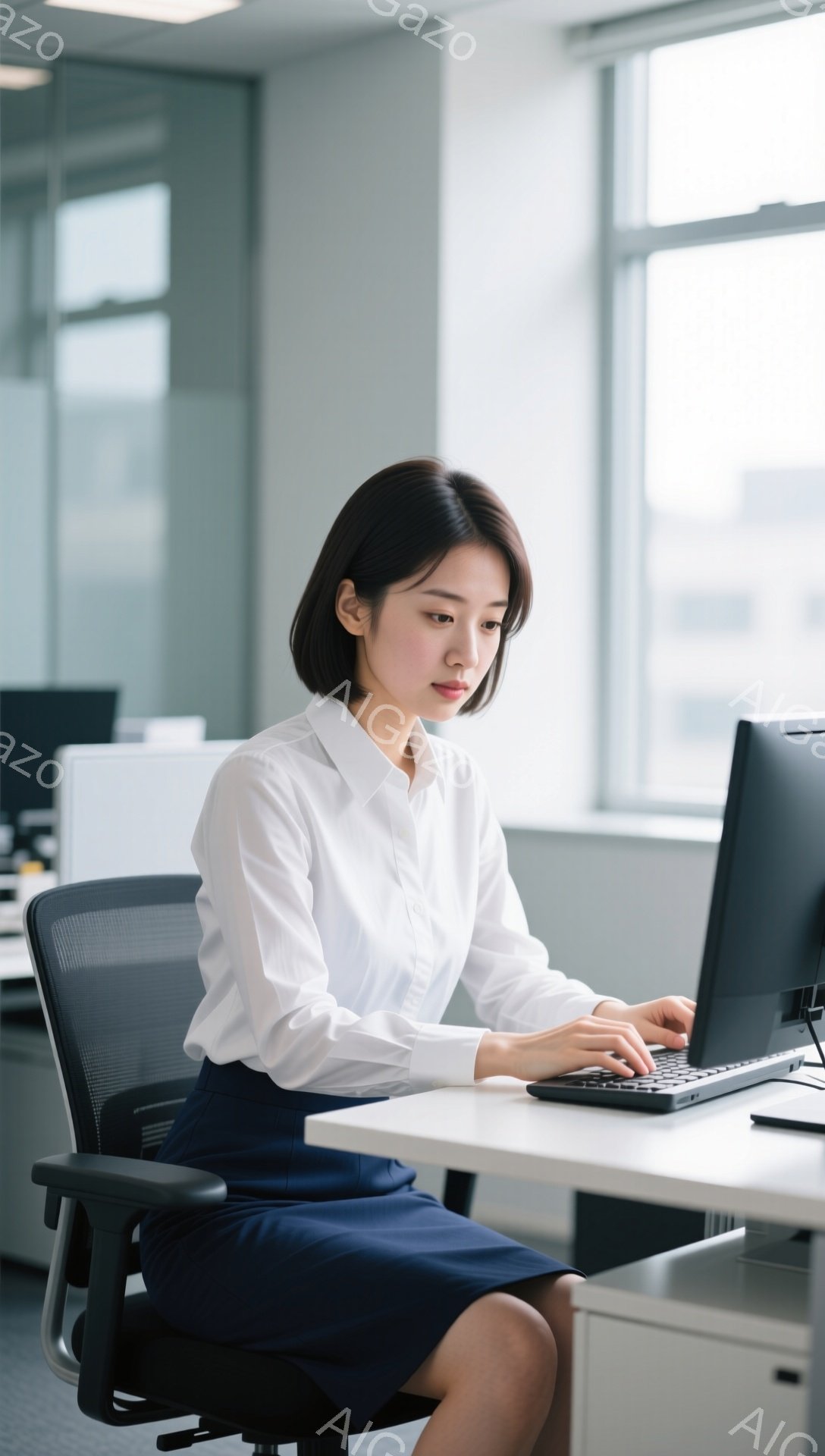 オフィスで働く若い女性が写っている。彼女は白いブラウスと紺色の膝丈スカートを身につけ、黒髪のショートヘアで、少し眉間にしわを寄せ集中してパソコンのキーボードを操作している。背景はオフィス内の様子で、他のデスクや窓が見え、全体的に落ち着いた雰囲気である。