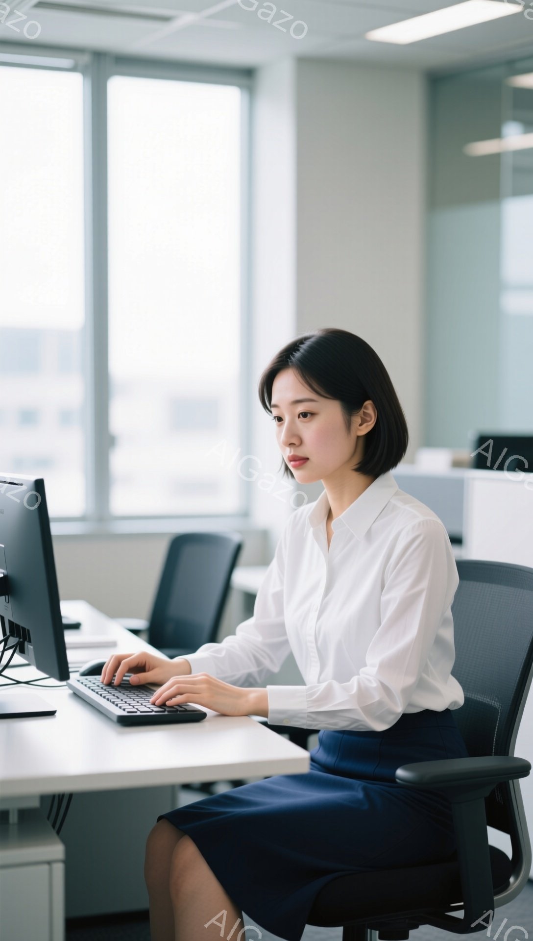 白いブラウスと紺色のスカートを着用した若い女性が、オフィスでパソコンに向かってタイピングしている。彼女は短い黒髪で、真剣な表情でキーボードを見つめている。背景には他のデスクやオフィススペースが見え、明るい自然光が差し込んでいる穏やかな雰囲気の室内である。
