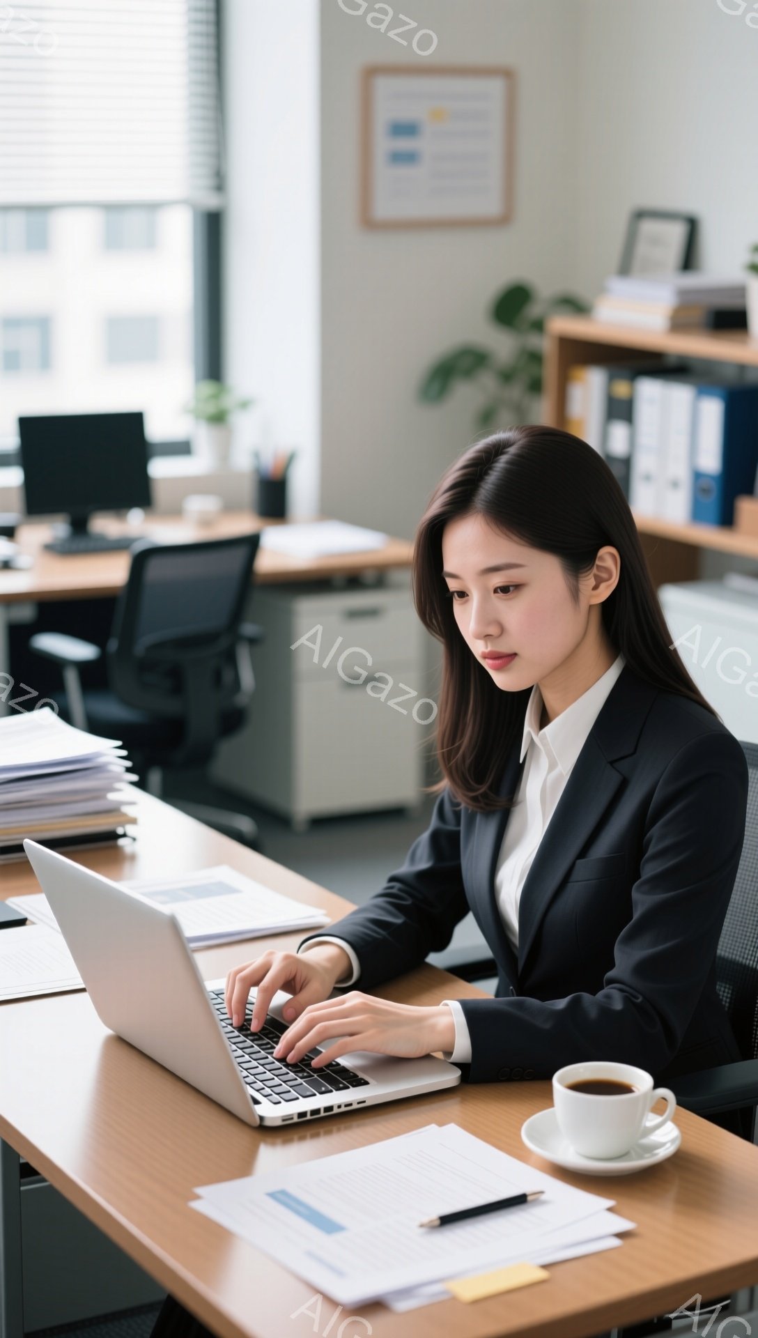 黒いスーツと白いシャツを着た女性が、オフィスでノートパソコンを使って仕事をしている。彼女は真剣な表情でキーボードを叩いており、姿勢はきちんとしている。背景にはオフィス家具や書類が写り、明るく清潔な雰囲気である。
