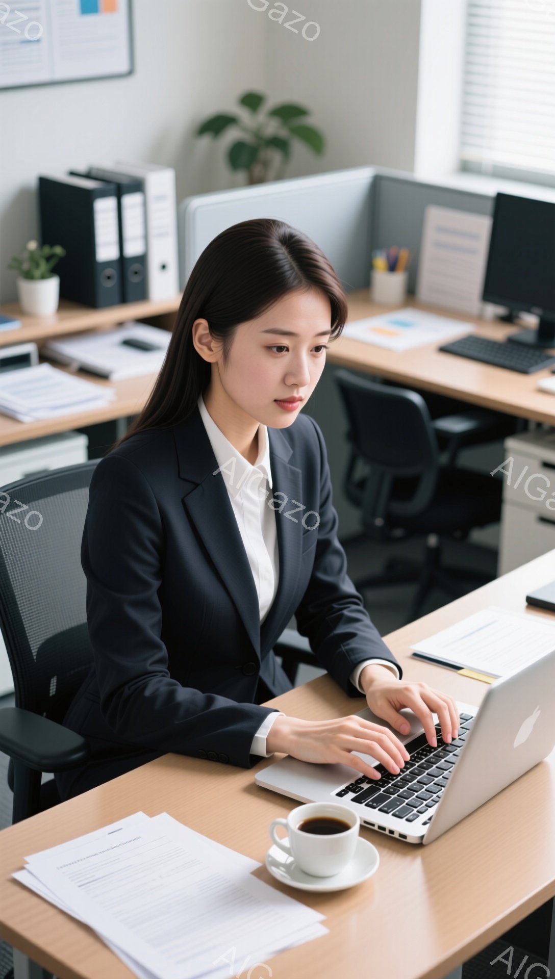 黒いジャケットと白いブラウスを着た女性が、明るいオフィスでノートパソコンに向かってタイピングしている。彼女は黒髪をストレートに垂らし、集中した表情で前を見ている。机の上には書類とコーヒーカップがあり、背景には他のオフィス機器や植物が見える、仕事に集中した雰囲気の室内だ。