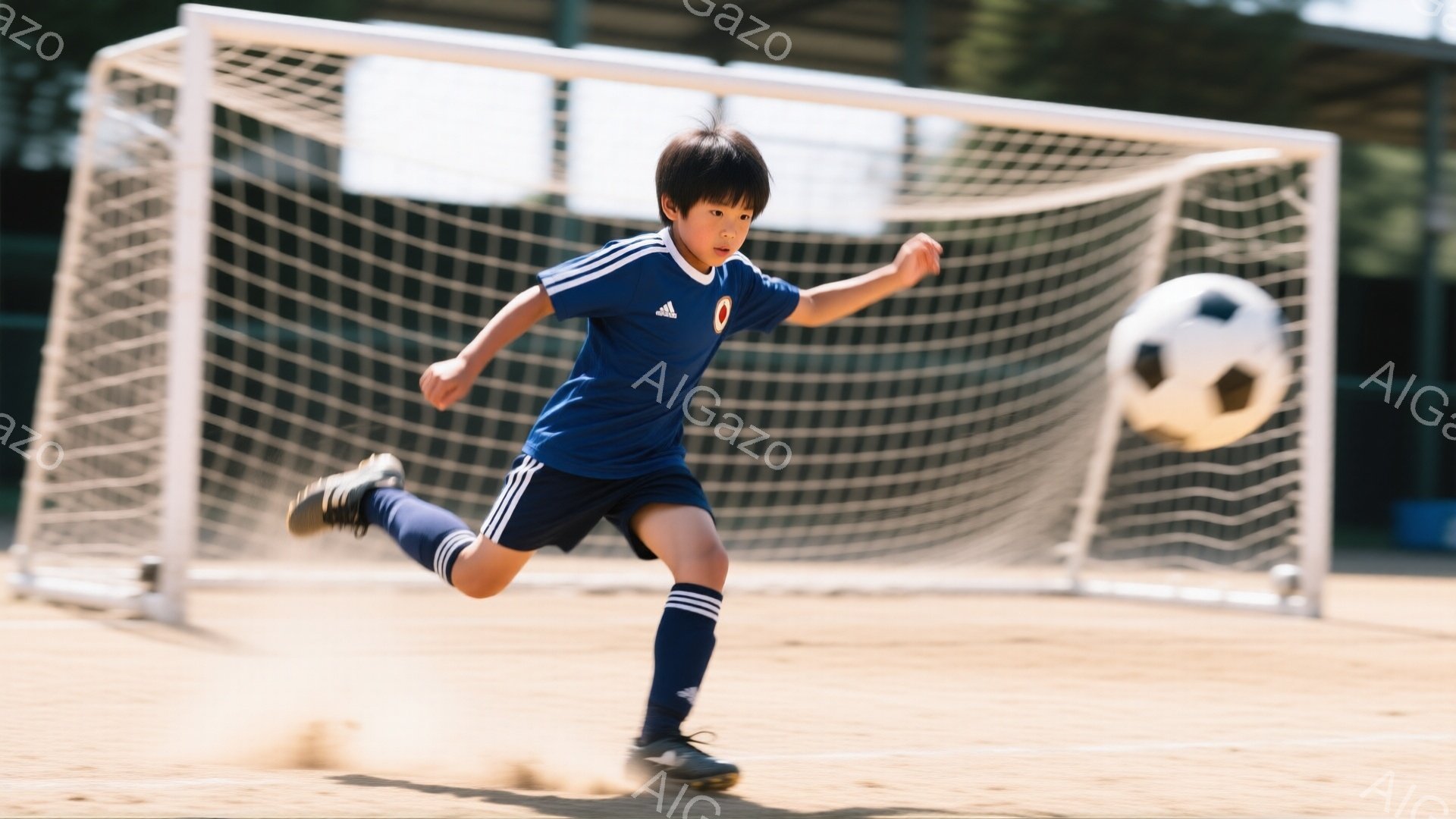 少年は青いサッカーユニフォームと紺色のソックスを着用し、片足を大きく踏み出して走っています。顔には集中した表情が見られ、サッカーボールが彼の横を飛んでいる様子が捉えられています。背景には白いサッカーゴ - AI生成フリー素材