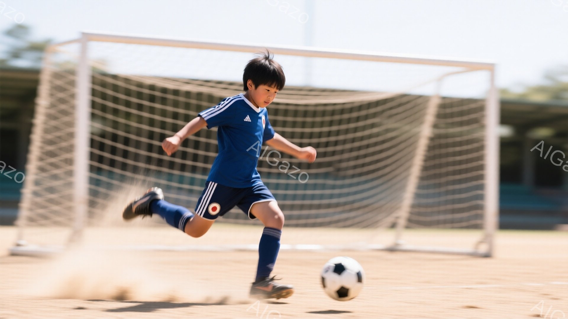 少年は青いサッカーユニフォームとソックスを着用し、黒いスパイクを履いてサッカーボールを蹴っています。髪は短く、前髪が少し目にかかっています。背景にはサッカーゴールと、土と砂利のグラウンド、そしてぼやけた建物と木々が見え、晴れた日の活気のある練習風景を捉えています。