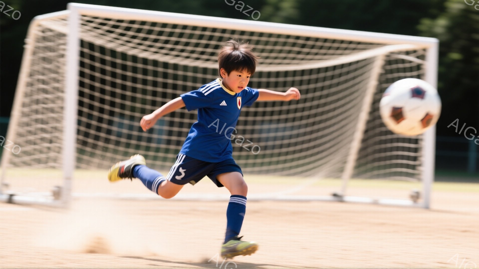 少年はサッカーの練習中であり、青いユニフォームと白いショートパンツ、そして緑色のスパイクを履いています。彼はボールを蹴り出す瞬間のポーズで、顔は真剣な表情で、髪は短く整えられています。背景にはサッカーゴールと緑豊かな自然が見え、晴れた日の明るい雰囲気が感じられます。