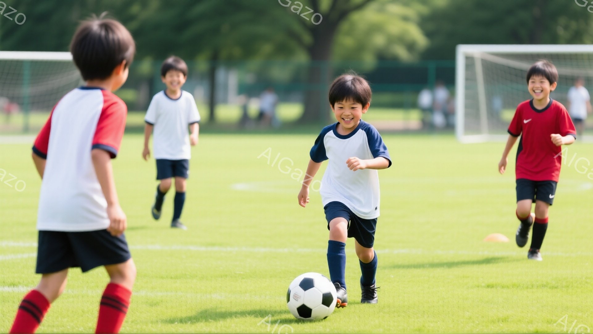 鮮やかな緑の芝生の上で、少年たちがサッカーを楽しんでいる様子が写っている。白と赤のユニフォームを着た少年たちがボールを追いかけ、特に中央の少年は笑顔でボールをドリブルしている。背景にはサッカーゴールと - AI生成フリー素材