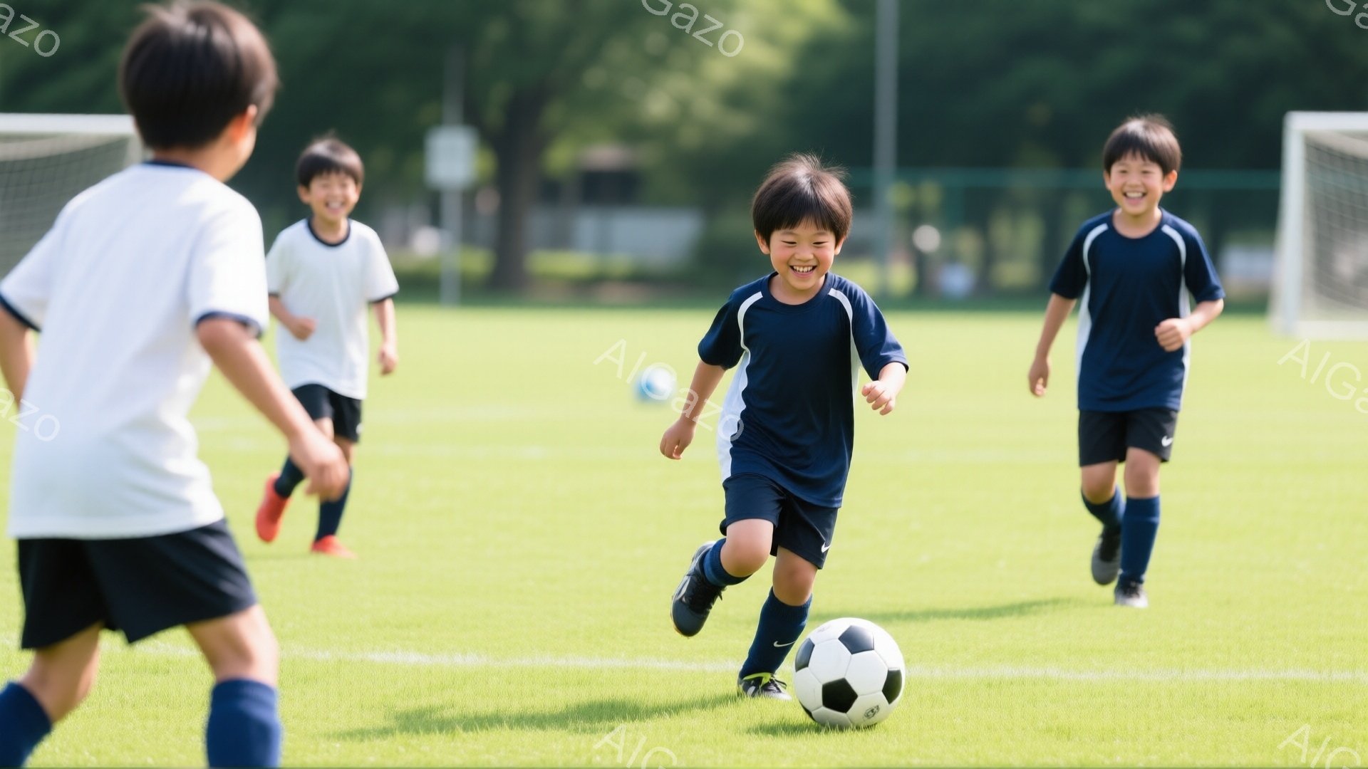 少年たちが緑の芝生の上でサッカーをしている様子が写っている。中央の少年は濃い青色のユニフォーム姿で、ボールをドリブルしながら笑顔で走っており、他の少年たちは白いユニフォームで彼を追いかけている。背景に - AI生成フリー素材