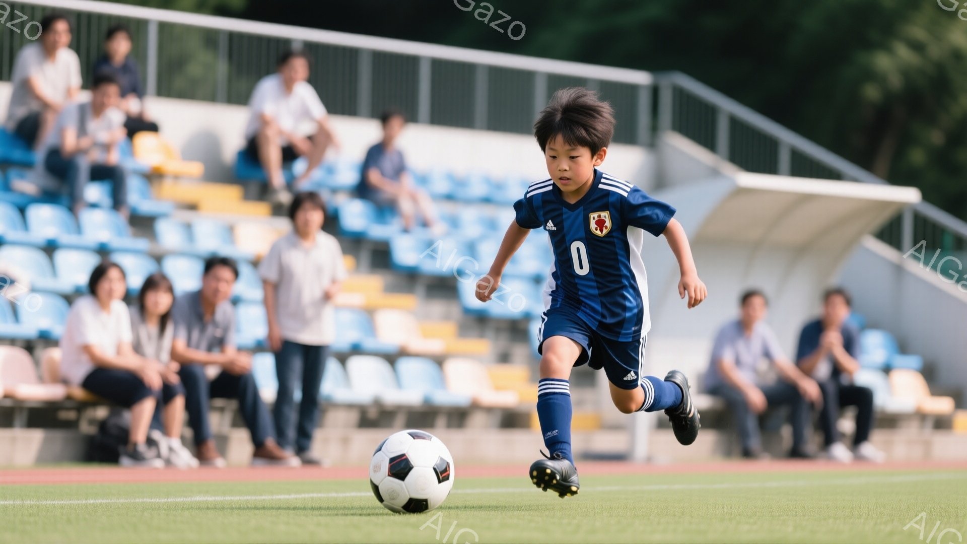 サッカーをしている少年が写っている。青いユニフォームに黒のソックス、スパイクを履いており、ボールをドリブルしている。背景には観客席が見え、人々が座っている。