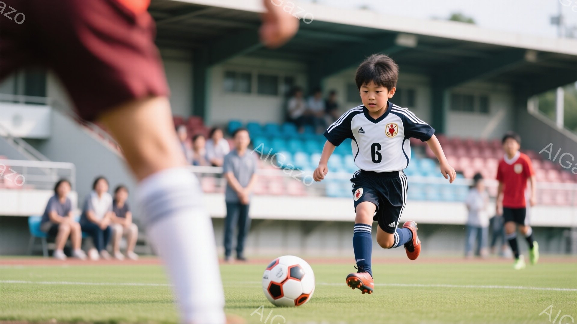 少年はサッカーボールを追いかけながら、緑の芝生の上を力強く走っている。黒いユニフォームには「6」の番号が描かれ、髪型は短く整えられている。背景には観客席や建物が見え、晴れた日の屋外でのサッカーの試合の様子が伝わる。