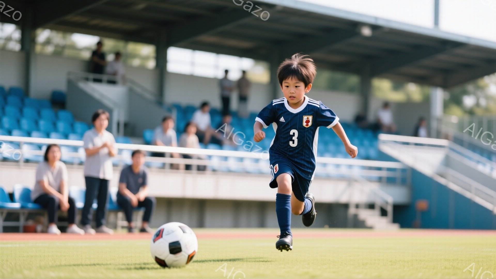 サッカー場を疾走する少年が写っている。紺色のユニフォームに「3」の番号が書かれ、黒いヘアスタイルで、集中した表情でボールを見つめている。背景には青い観客席と緑豊かな芝生、そして晴天の空が広がり、活気のあるサッカーの試合の雰囲気が感じられる。