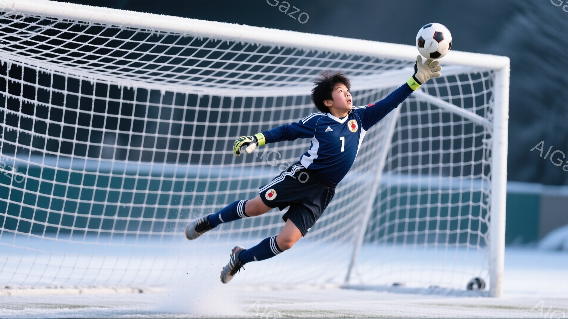 ゴールキーパーの少年が、空中で体を大きく広げてボールを掴もうとしています。彼は青いユニフォーム、黒いショートパンツ、長い靴下を着用し、髪は短く、集中した表情をしています。背景は雪景色で、白く覆われたフィールドと、ぼんやりと見えるネットのゴールが広がっています。