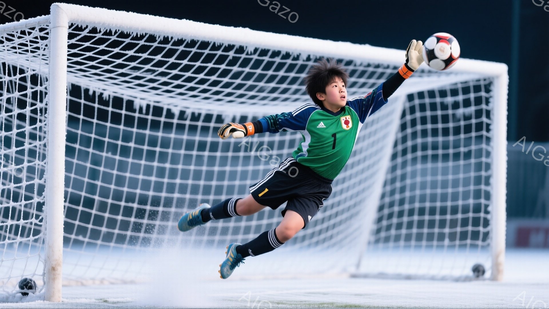 少年は緑色のゴールキーパーユニフォーム、黒色のショートパンツ、そして青色のサッカーシューズを着用し、空中でボールをキャッチしようと飛びかかっている。彼の髪型は短く、前髪が少し長めだ。背景には白い雪が積 - AI生成フリー素材