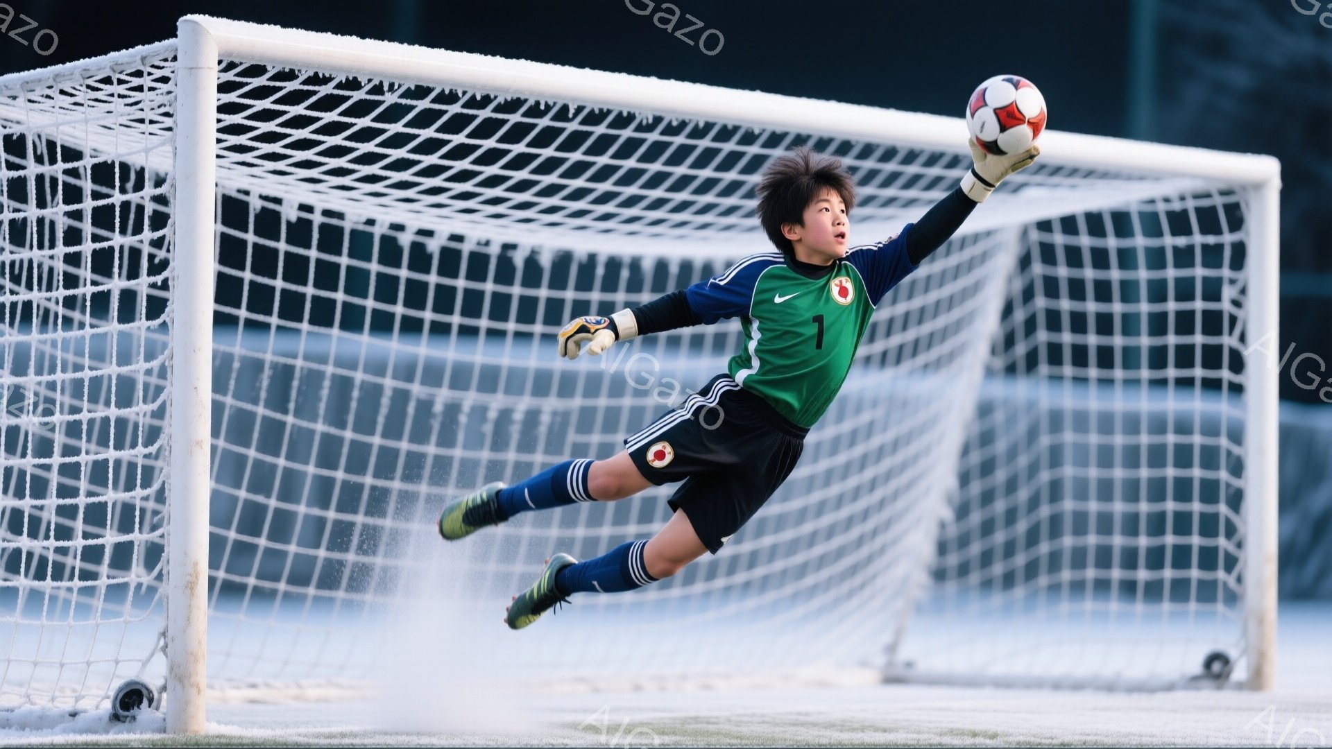 ゴールキーパーの少年が、ゴールに向かって空中で体を伸ばし、ボールをキャッチしようとしている。緑色の長袖のユニフォームと黒のズボン、そして青いスパイクを履き、髪は短く、真剣な表情でボールを見つめている。 - AI生成フリー素材