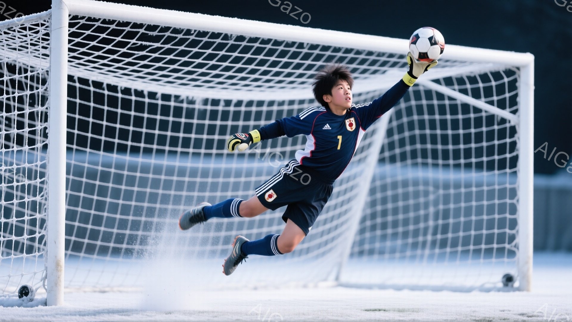 少年はサッカーのゴールキーパーとして、雪景色の中でダイブしている。紺色の長袖ユニフォームに「1」の番号、赤と白のストライプが入り、黒いヘアスタイルで、集中した表情をしている。背景には白い雪景色が広がり、競技場のグラウンドは雪で覆われている。