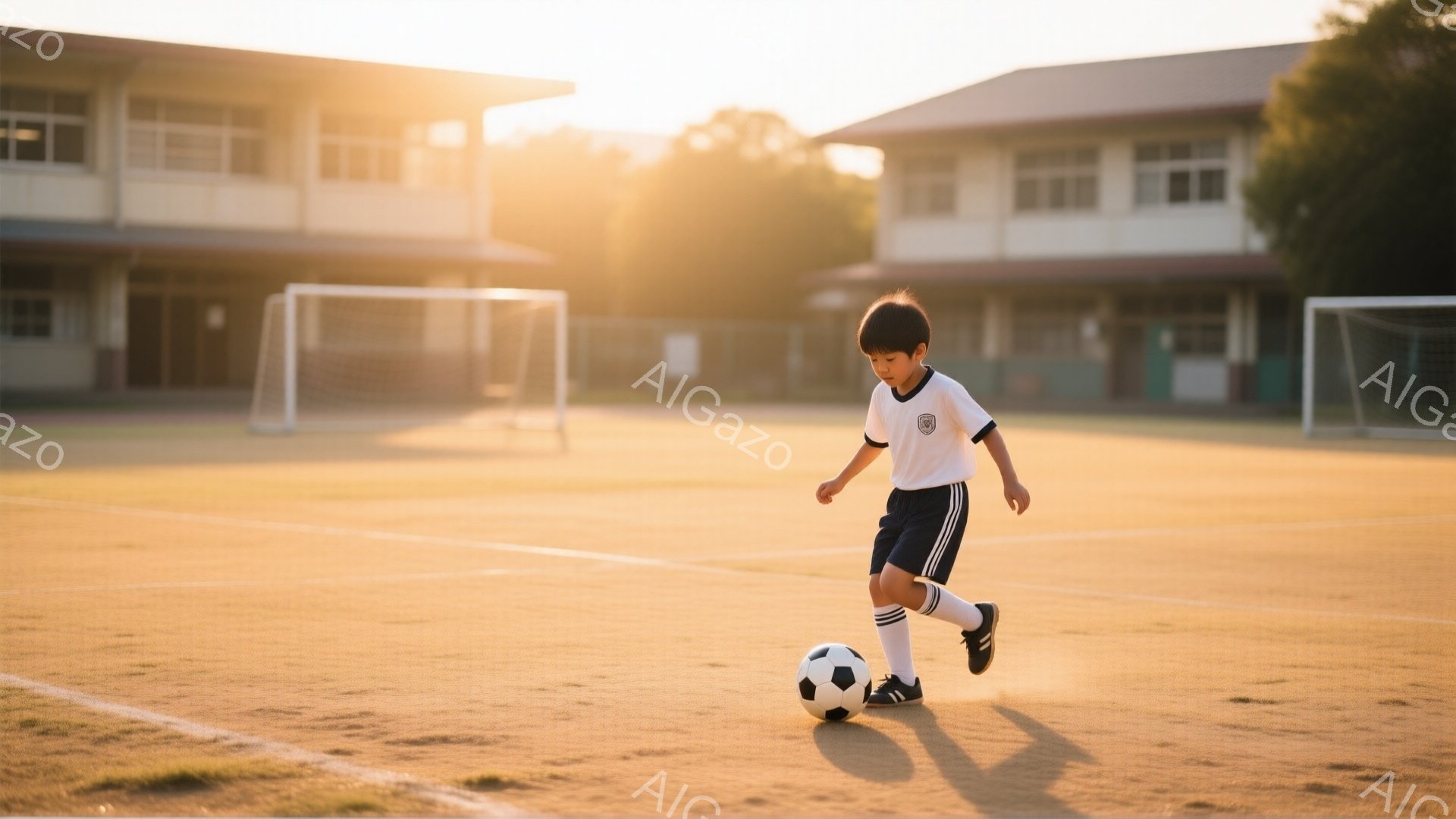 一人の少年がサッカーボールをドリブルしている。少年は白いシャツに青い短パン、白いソックスとサッカーシューズを履いている。背景にはサッカーゴールと学校の建物が見え、夕日の光がフィールドを照らし、温かく柔らかな雰囲気を醸し出している。