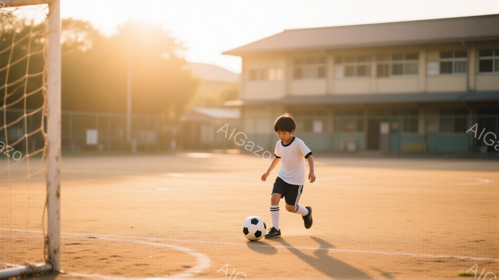 少年はサッカーボールをドリブルしながら走り、白いユニフォームと黒い短パン、白いソックス、黒いスパイクを履いている。背景には、日差しに照らされた学校の建物とサッカーコートが見え、夕暮れ時の温かい光が全体 - AI生成フリー素材