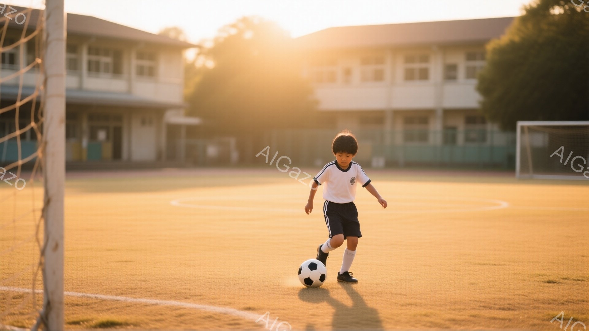 男の子はサッカーボールをドリブルしながら、競技場を走っている。白いシャツに紺色の短パンというスポーツウェア姿で、黒い髪は短く整えられている。背景には建物が見え、夕日のような暖かい光が全体を照らしており、活気のあるスポーツの瞬間を捉えた写真である。