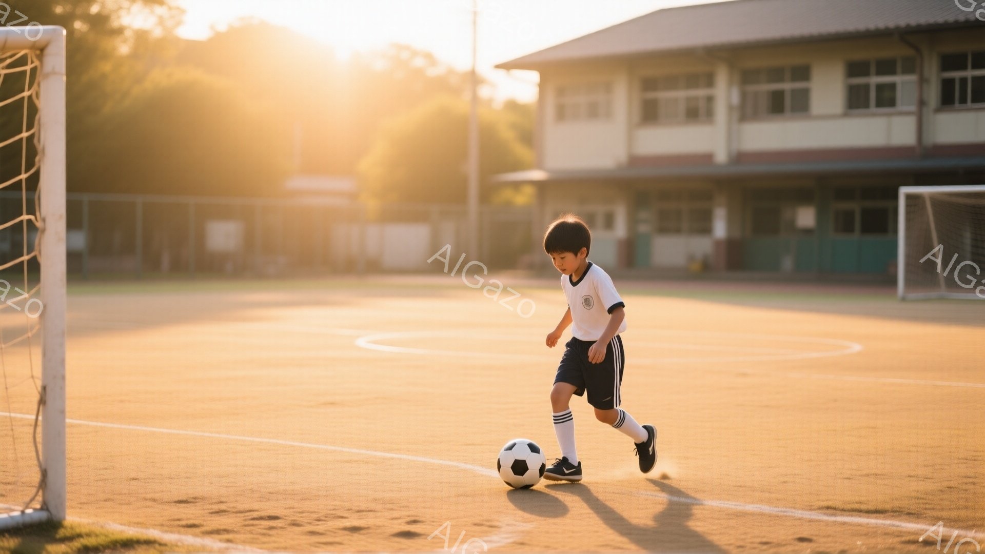 日没時のサッカー場で、少年がボールをドリブルしている。白いシャツに黒い短パン、白いソックスとスニーカーを履き、短髪で前髪が少し垂れている。背景には、薄暗い建物と夕焼けの光が差し込み、温かくノスタルジックな雰囲気を醸し出している。