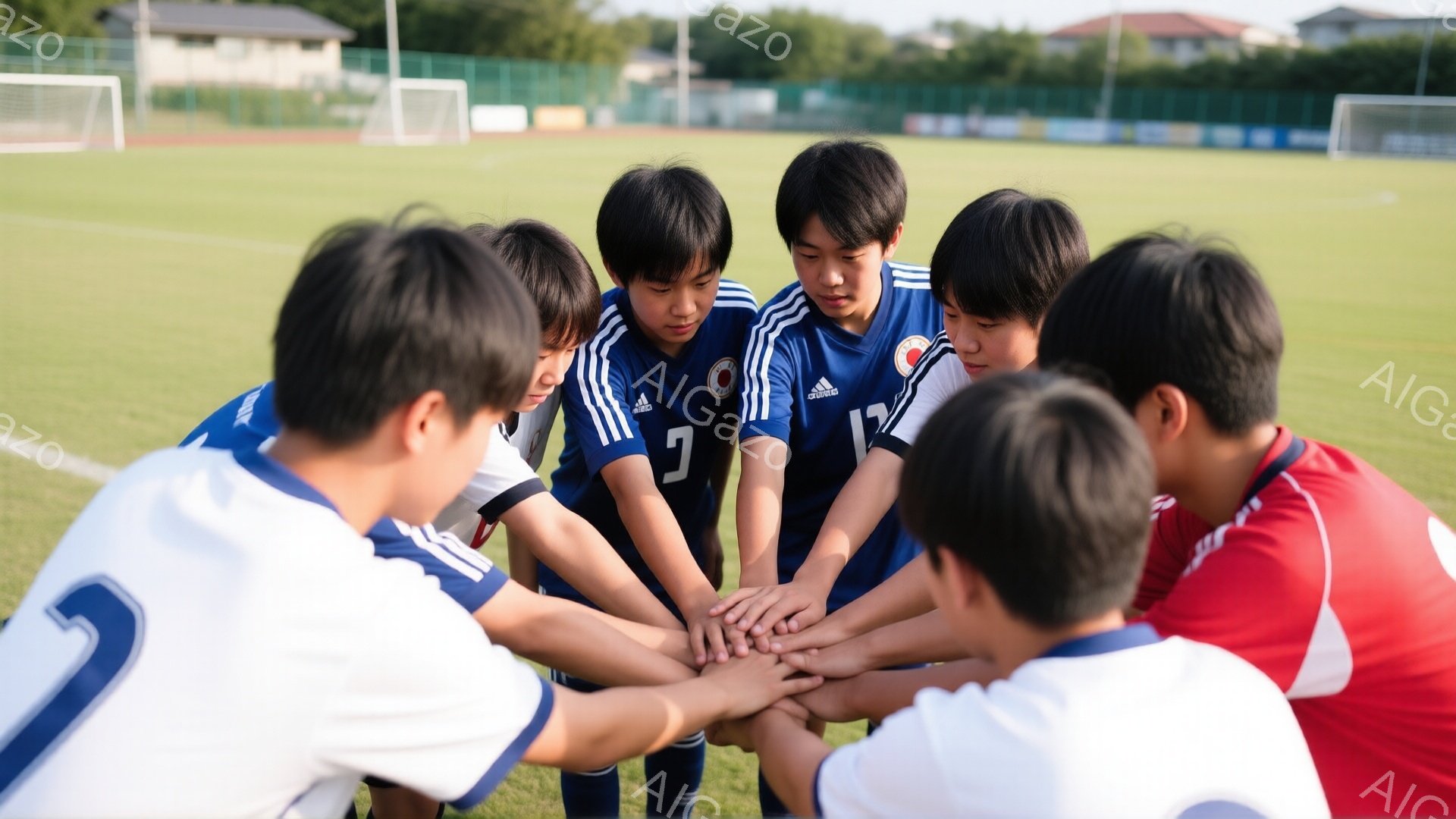 少年たちはサッカーの試合前に、円になって手をつないでいる。青と白のユニフォームを着ており、髪型は短く整えられている。背景には緑の芝生とサッカーゴール、遠くには建物が見え、晴れた日の穏やかな雰囲気を感じさせる。