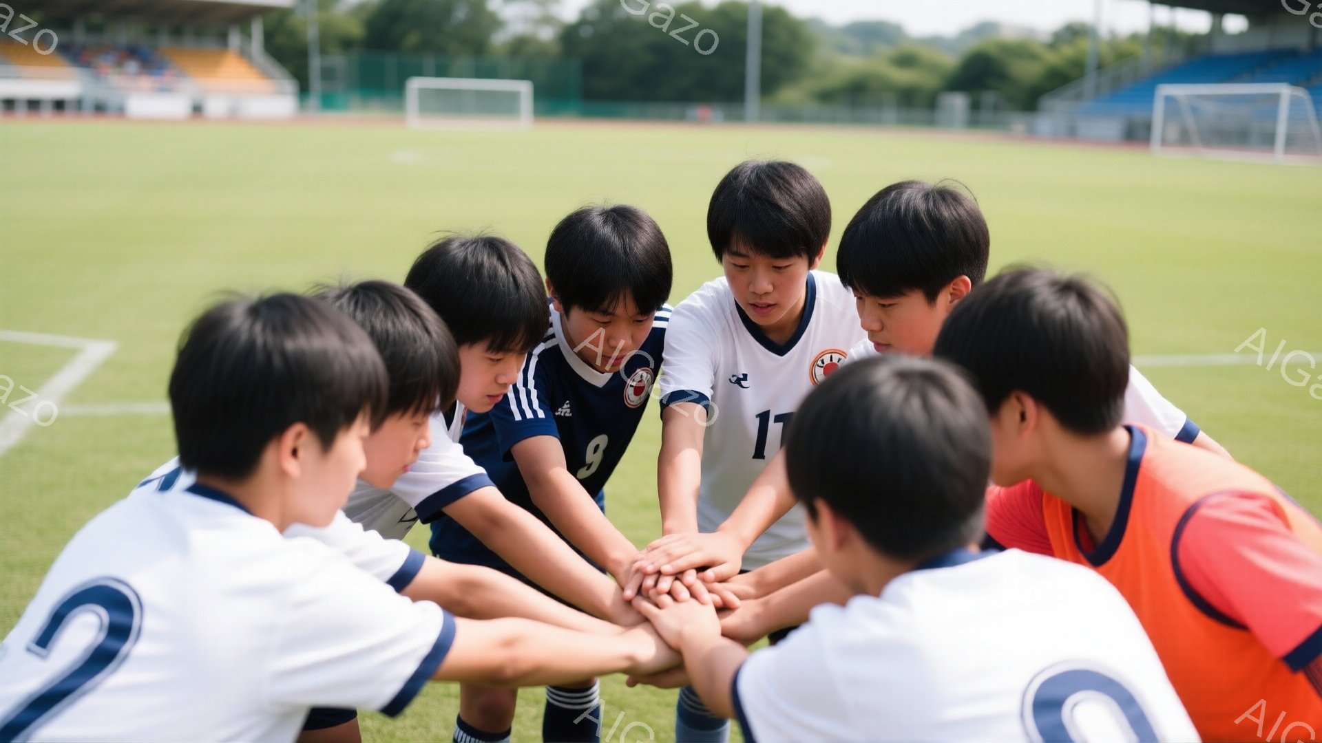 サッカー選手と思われる少年たちが円陣を組んでいる様子が写っている。紺と白のユニフォームを着用し、髪型は黒髪のショートカットで、真剣な表情で互いに手をつないでいる。背景には緑の芝生、サッカーゴール、そし - AI生成フリー素材