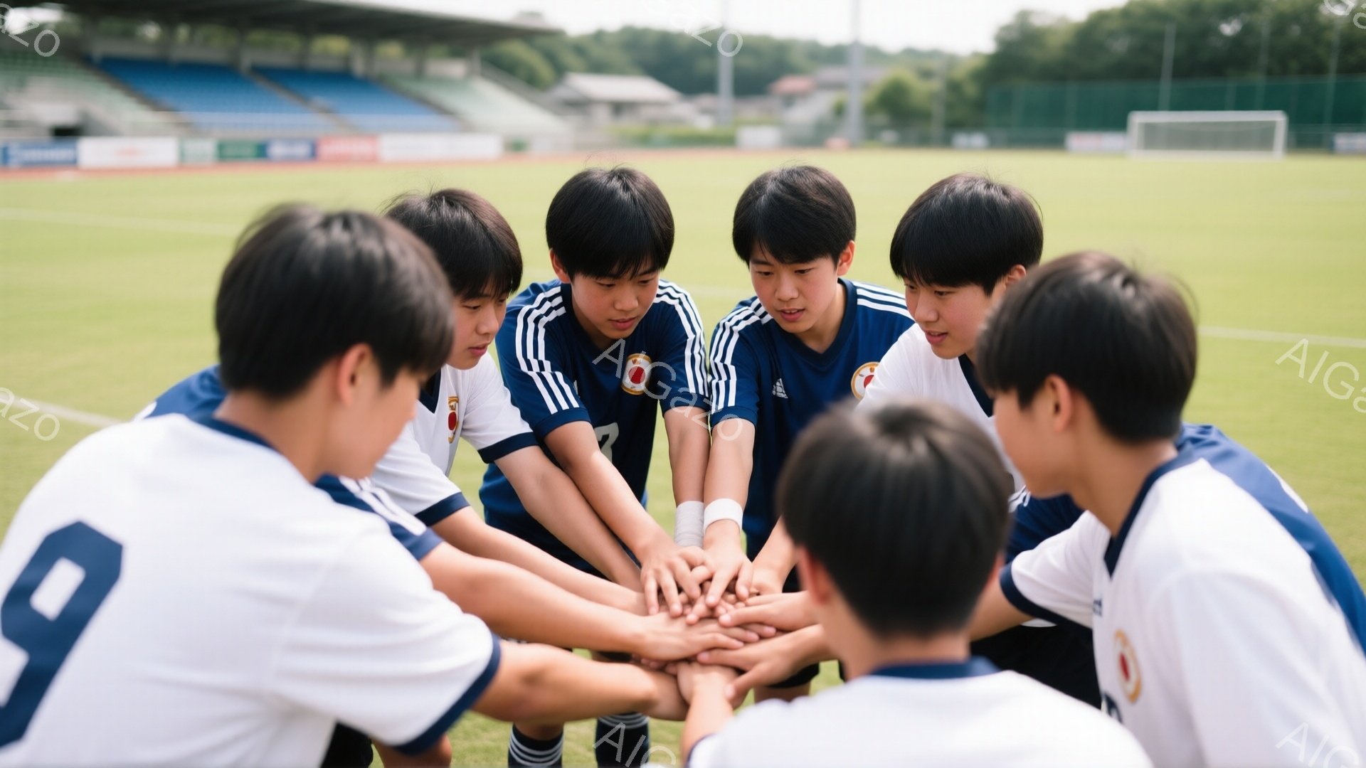 サッカー選手と思われる少年たちが円陣を組んでいます。紺と白のストライプのユニフォームを着ており、髪型は短髪で、真剣な表情で互いの手を重ねています。背景には緑のサッカー場、観客席、そして晴れた空が見え、 - AI生成フリー素材