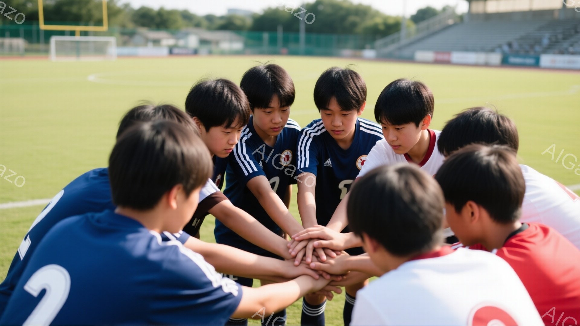少年たちはサッカーの試合前に円陣を組んでいます。紺と白のユニフォームを着ており、髪型は短く整えられています。背景には緑のサッカー場と観客席が見え、晴天で明るい雰囲気です。