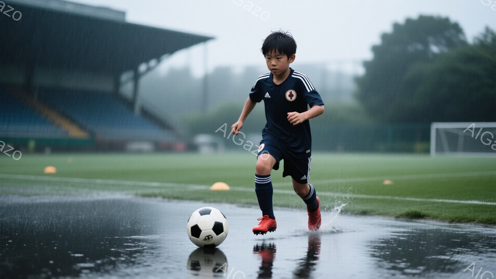 少年はサッカーボールを追いかけながら、雨で濡れたサッカー場を走っている。黒いユニフォーム、赤いソックスとスパイクを着用し、短髪に整えられた髪が特徴的だ。背景には観客席とトレーニング用のコーン、そして雨が降る曇天が広がり、活気と少し寂しさが入り混じった雰囲気が漂う。