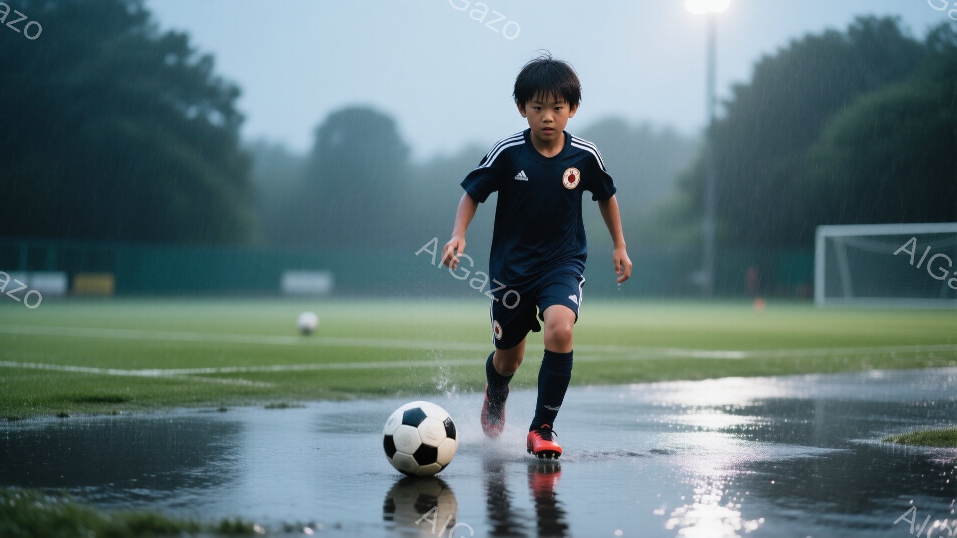 少年はサッカーボールを蹴りながら、雨で濡れたグラウンドを走り抜けている。黒いサッカーユニフォームに短い髪型で、集中した表情でボールを見つめている。背景には緑の芝生、水たまり、遠くに見えるサッカーゴール、そして薄暗い空が広がっており、全体的に少し寂しげで集中した雰囲気が漂っている。