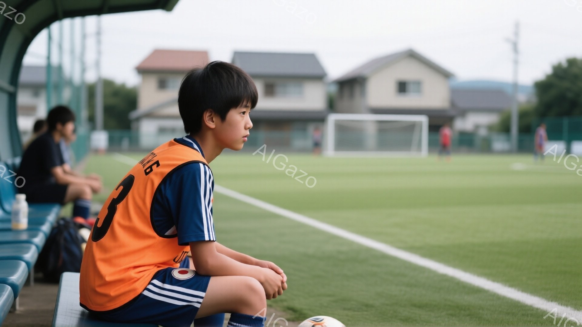 少年はサッカーの練習場でベンチに座っており、オレンジ色のベストと紺色の短パンを着用しています。髪は短く刈り込まれており、視線は前方のサッカー場に向けられ、少し考え込んでいるような表情をしています。背景 - AI生成フリー素材
